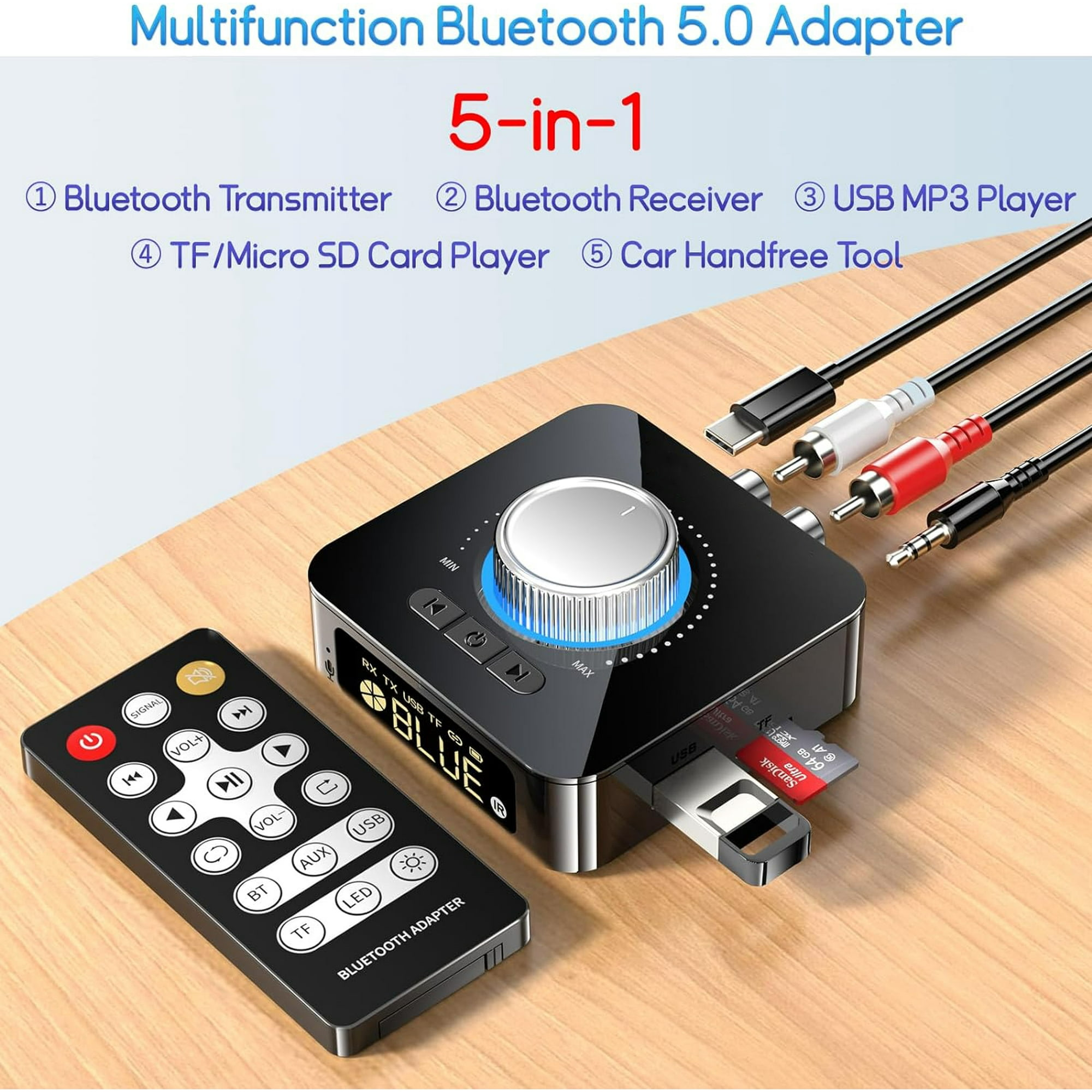 Ein schwarzer Bluetooth-Adapter mit Fernbedienung und mehreren Kabeln, USB und SD-Karte.