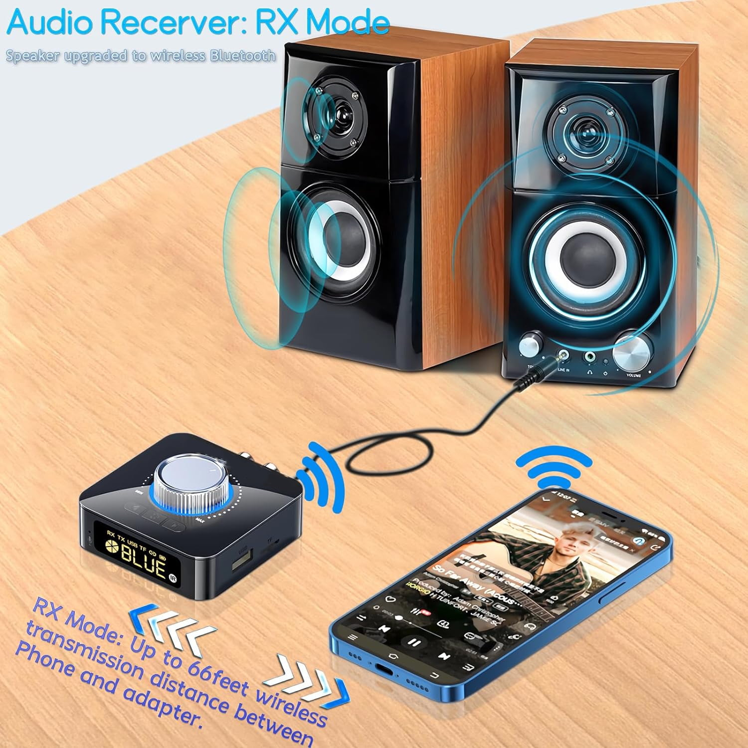 Schwarzer Audio-Receiver mit Telefon und Lautsprechern, zeigt Bluetooth-Verbindung mit Holzuntergrund.