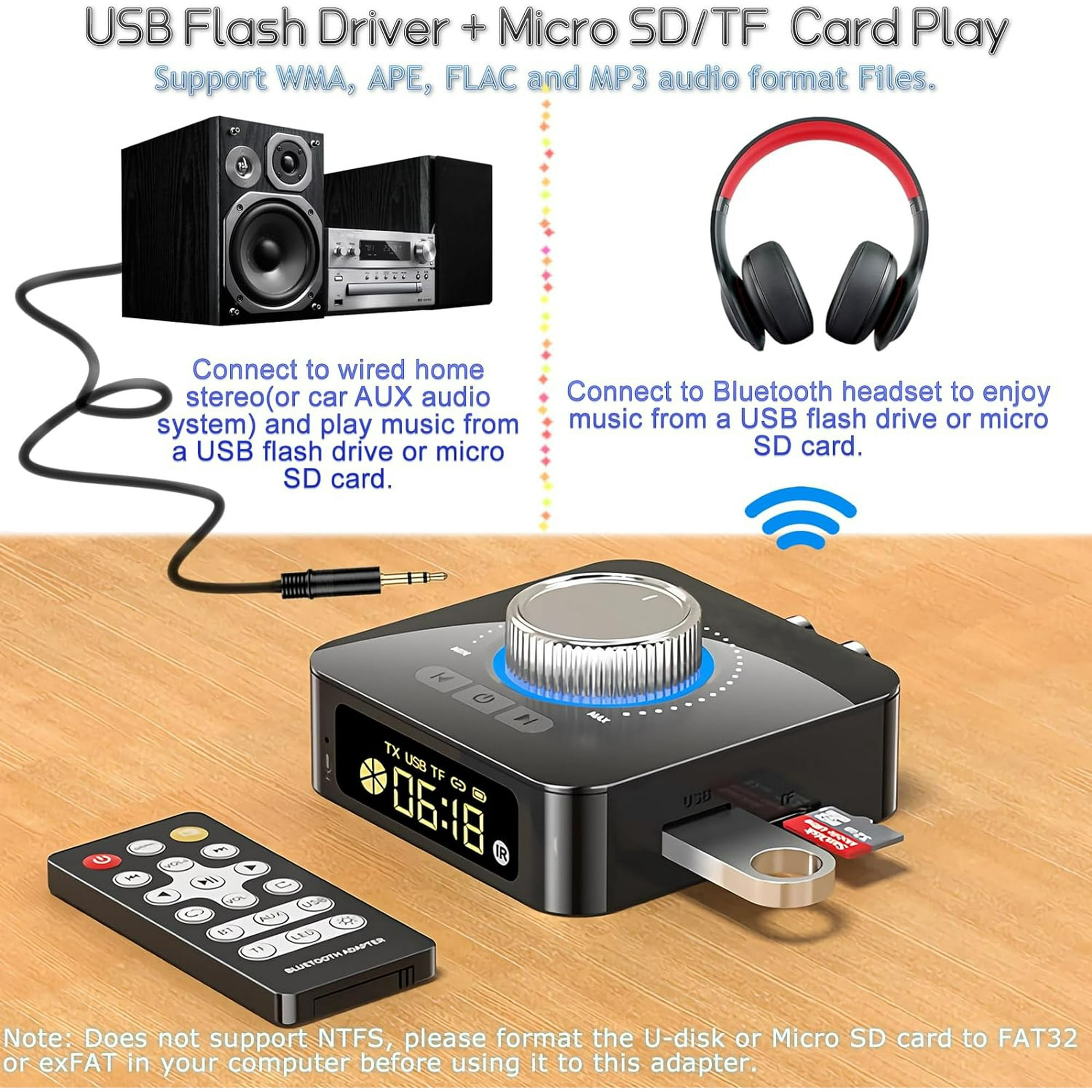 Audiogerät mit Display, USB- und SD-Kartensteckplätzen, mit Fernbedienung.