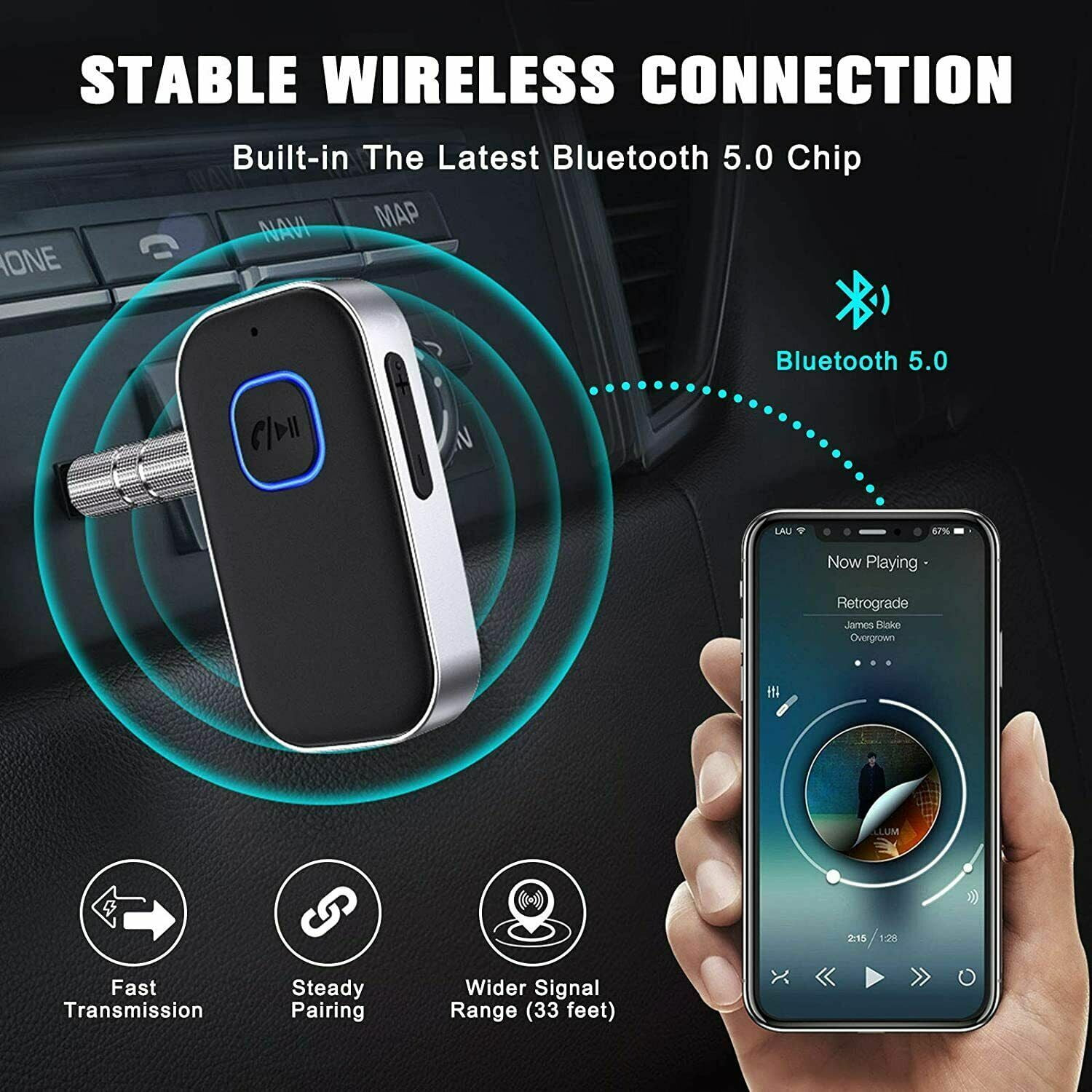 Bluetooth-Auto-Adapter. Es verfügt über eine Telefon- und Musik-Player-Oberfläche.