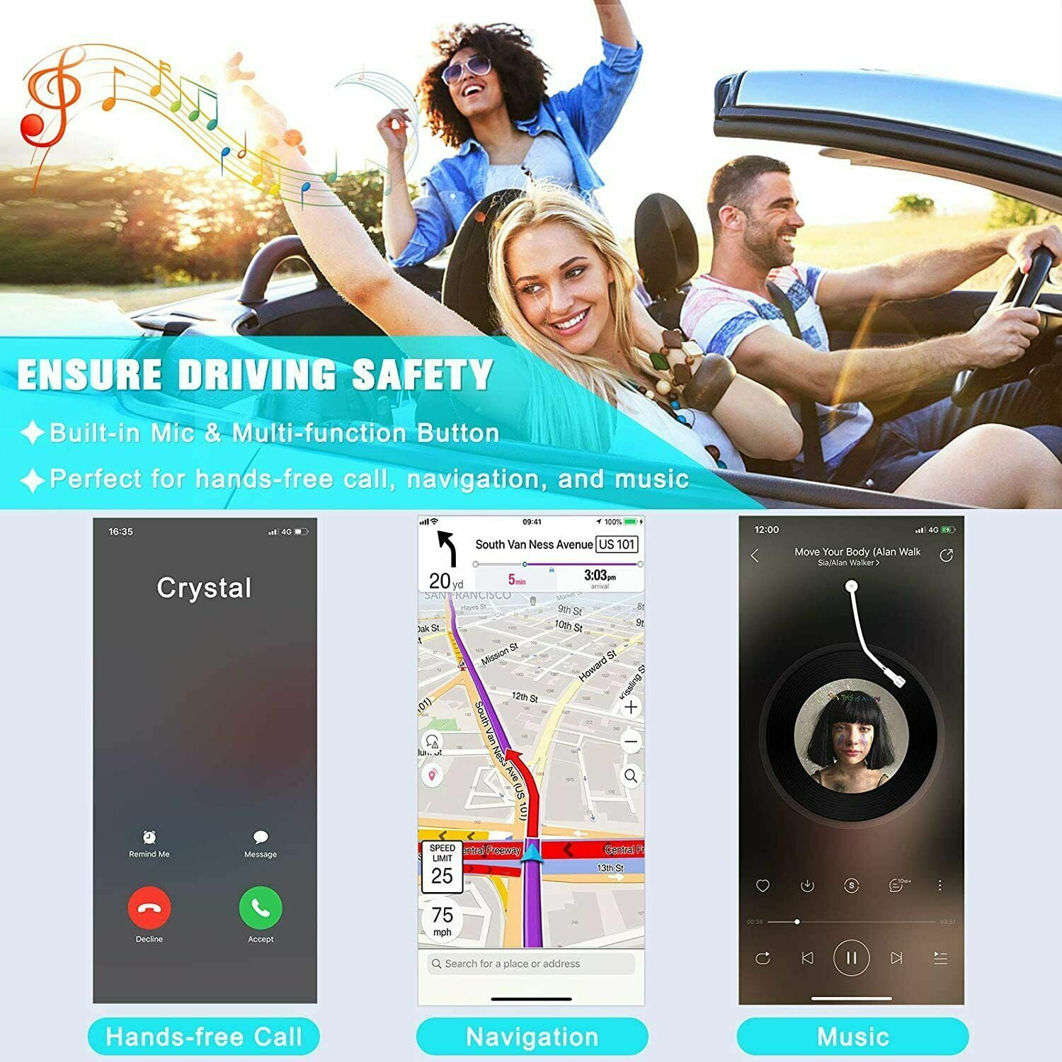 Leute in einem Auto, die Musik, Navigation und Freisprechanrufe genießen. Telefonbildschirme zeigen jede Funktion.
