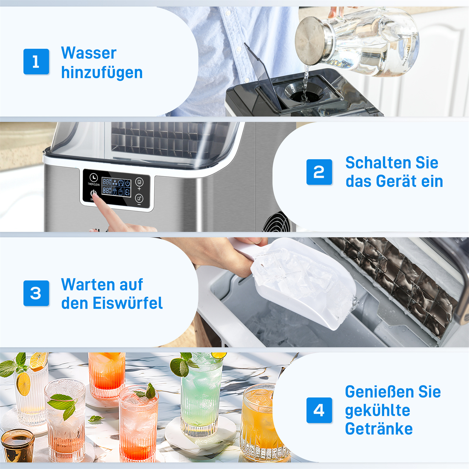 Schritte zur Eisbereitung: Wasser hinzufügen, Maschine einschalten, warten, Getränke genießen.