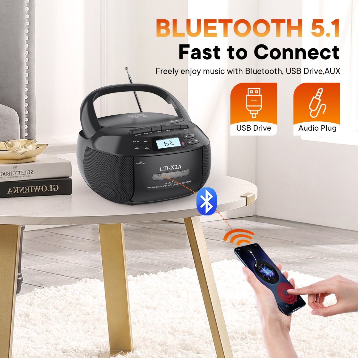 Schwarze Boombox mit Bluetooth, Smartphone und Symbolen für USB-Laufwerk und Audioanschluss.