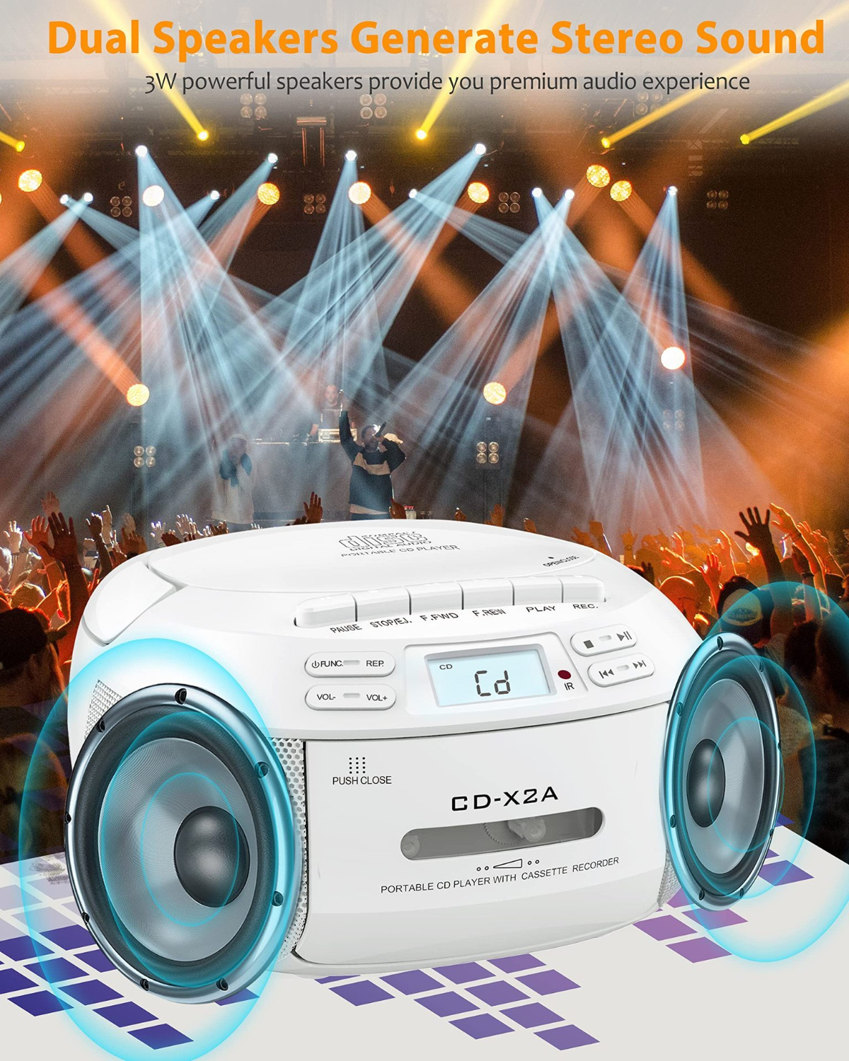 Weißer CD-Player mit Lautsprechern. Lichter und Menge im Hintergrund. Text: 'Zwei Lautsprecher erzeugen Stereo-Sound'.