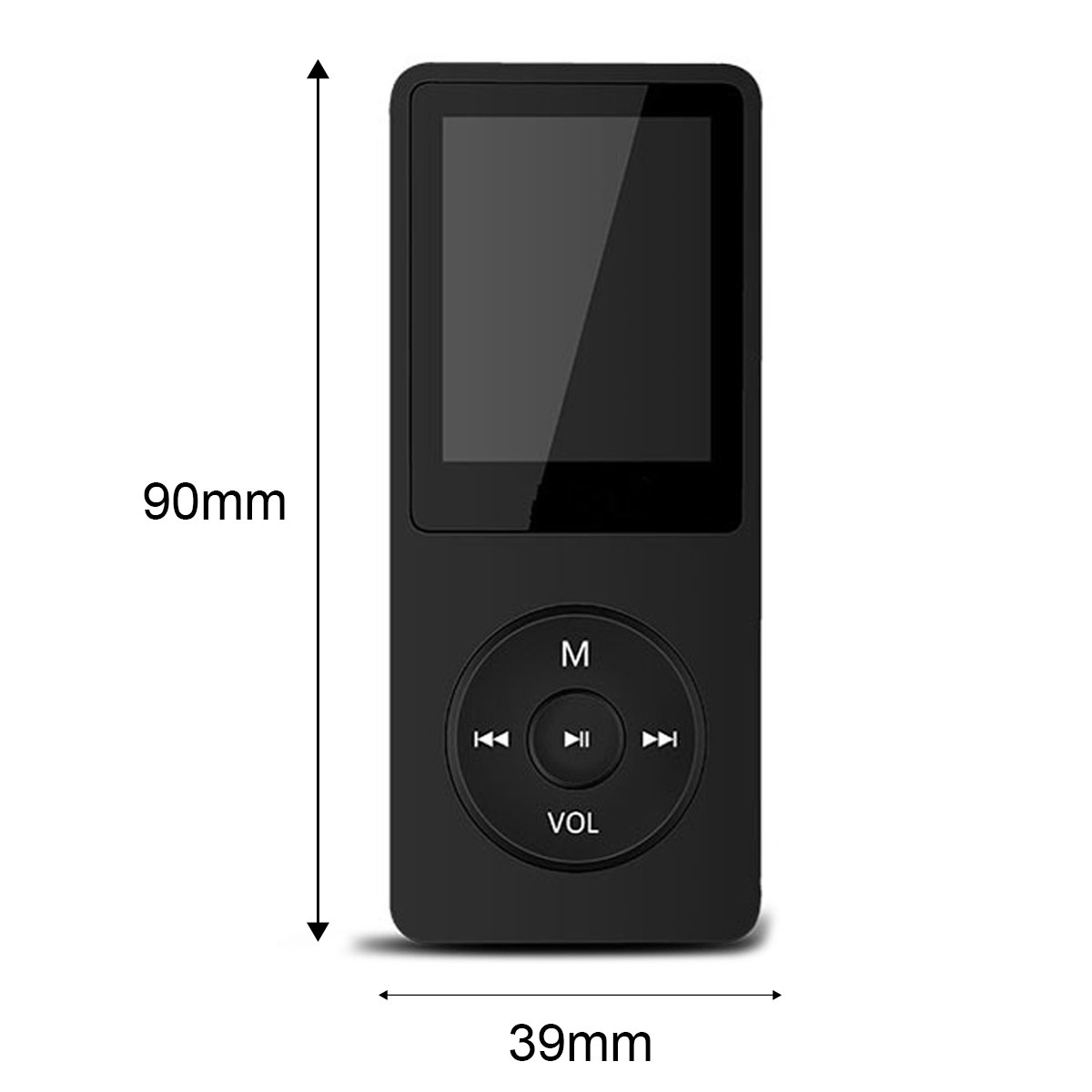 Ein schwarzer MP3-Player mit Bildschirm und Knöpfen. Er hat ein kreisförmiges Bedienfeld mit Wiedergabe/Pause- und Lautstärketasten.