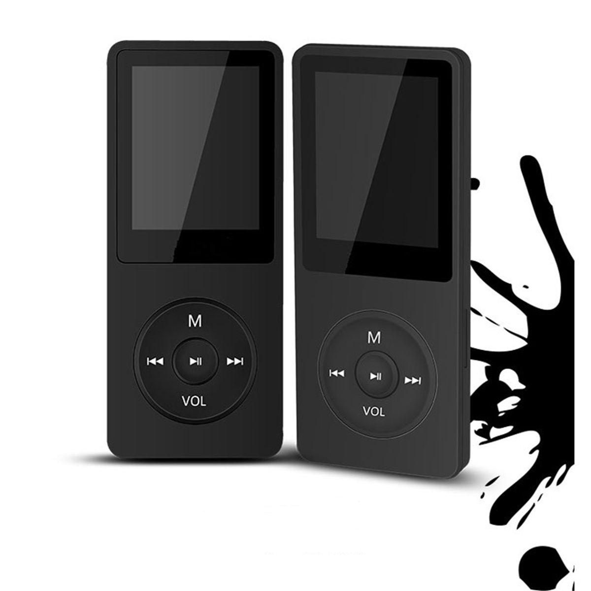 Zwei schwarze MP3-Player. Jeder hat einen Bildschirm, Steuertasten und eine Lautstärketaste. Weißer Hintergrund.