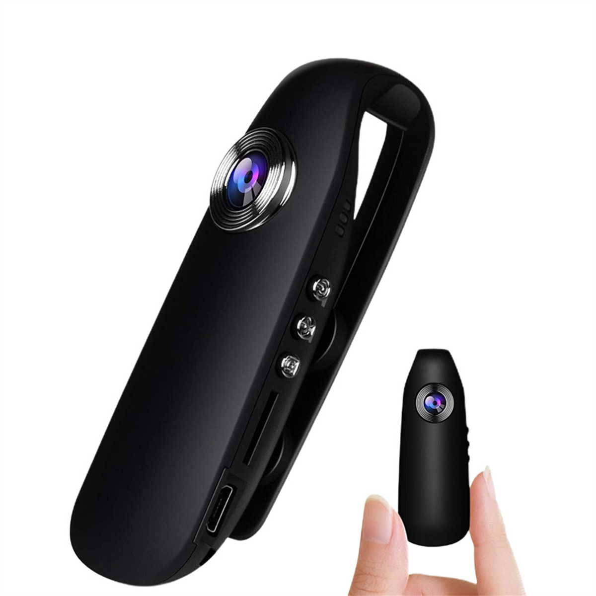 Schwarze Mini-Kamera, eine in der Hand und eine am Clip. Knöpfe und Linse sind sichtbar.
