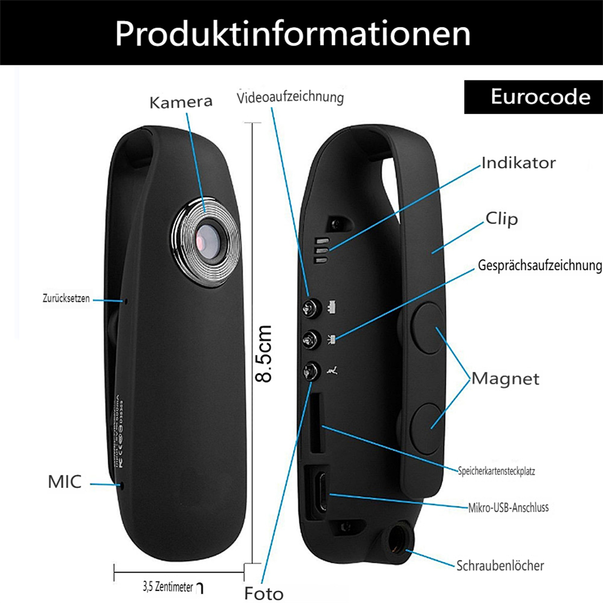 Schwarze Kamera mit Beschriftungen. Weißer Hintergrund.