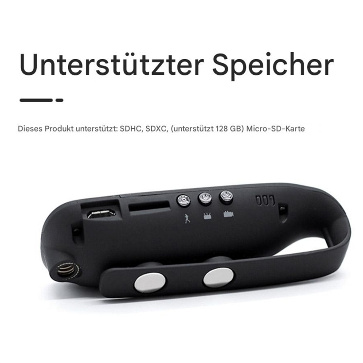 Schwarzes Gerät mit Knöpfen. Text oben besagt 'Unterstützter Speicher'.