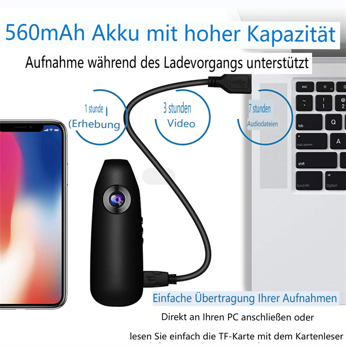 Kleine schwarze Spionagekamera mit USB-Kabel, verbunden mit Telefon und Laptop.