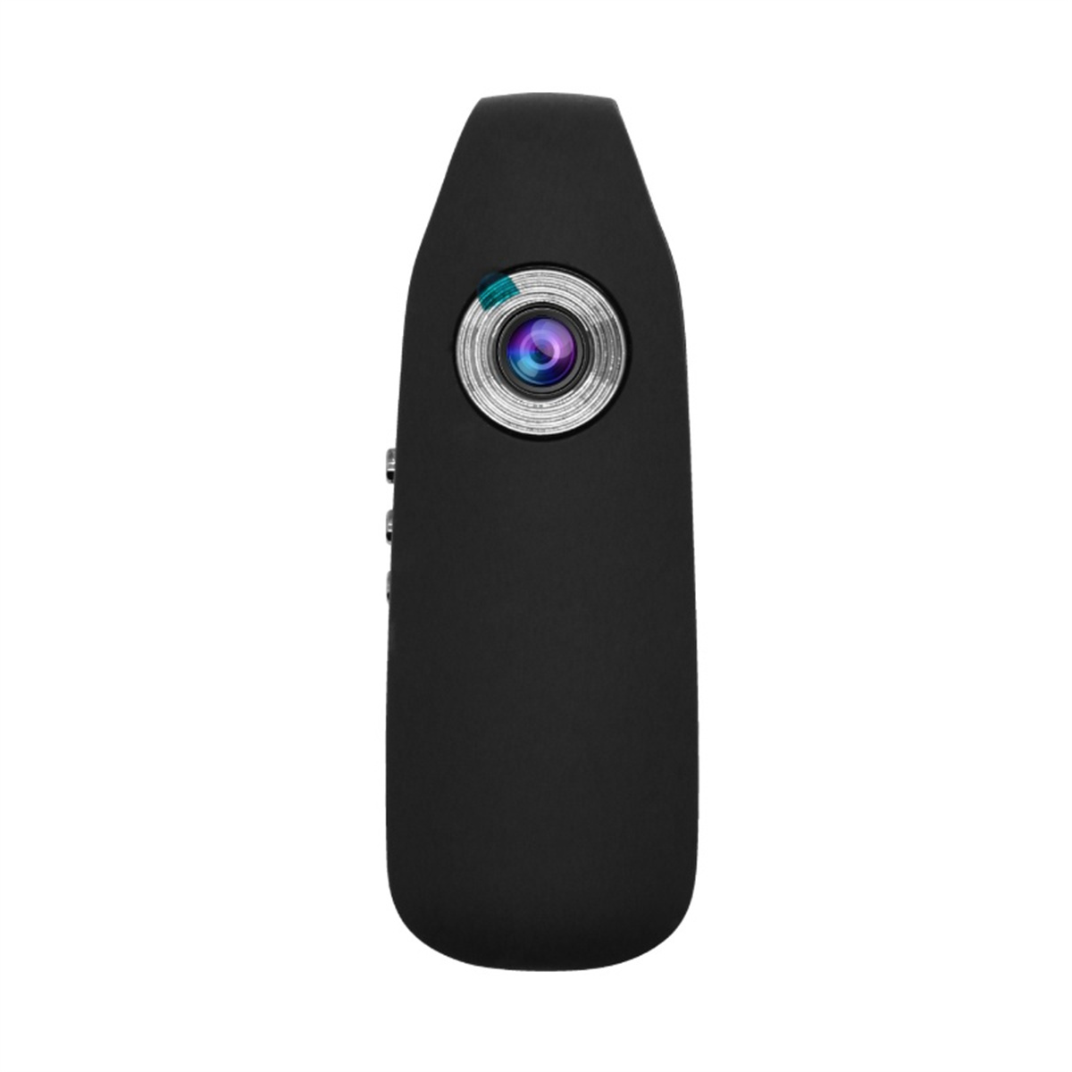 Eine kleine schwarze Kamera mit Objektiv und Bedientasten auf weißem Hintergrund.