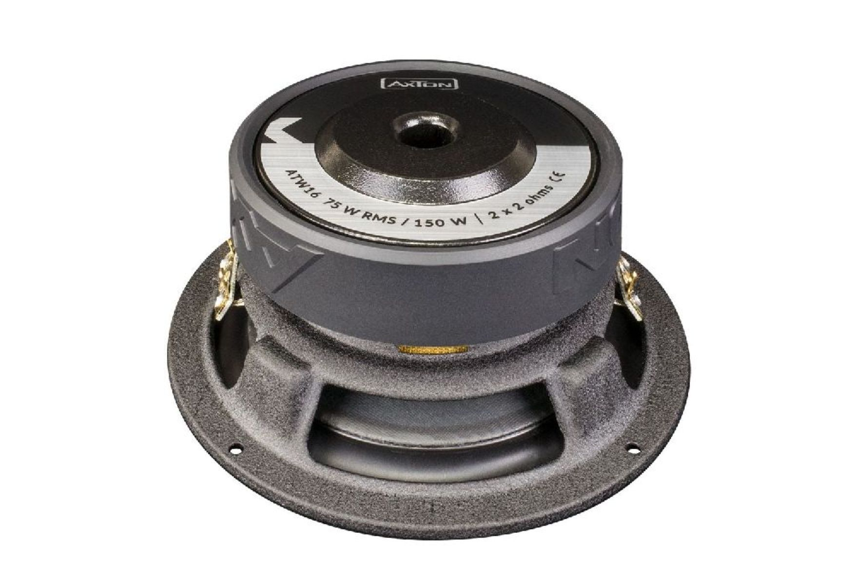 Ein schwarzer Subwoofer mit silbernem Mittelteil, sichtbarem Lautsprecherkonus, auf weißem Hintergrund.