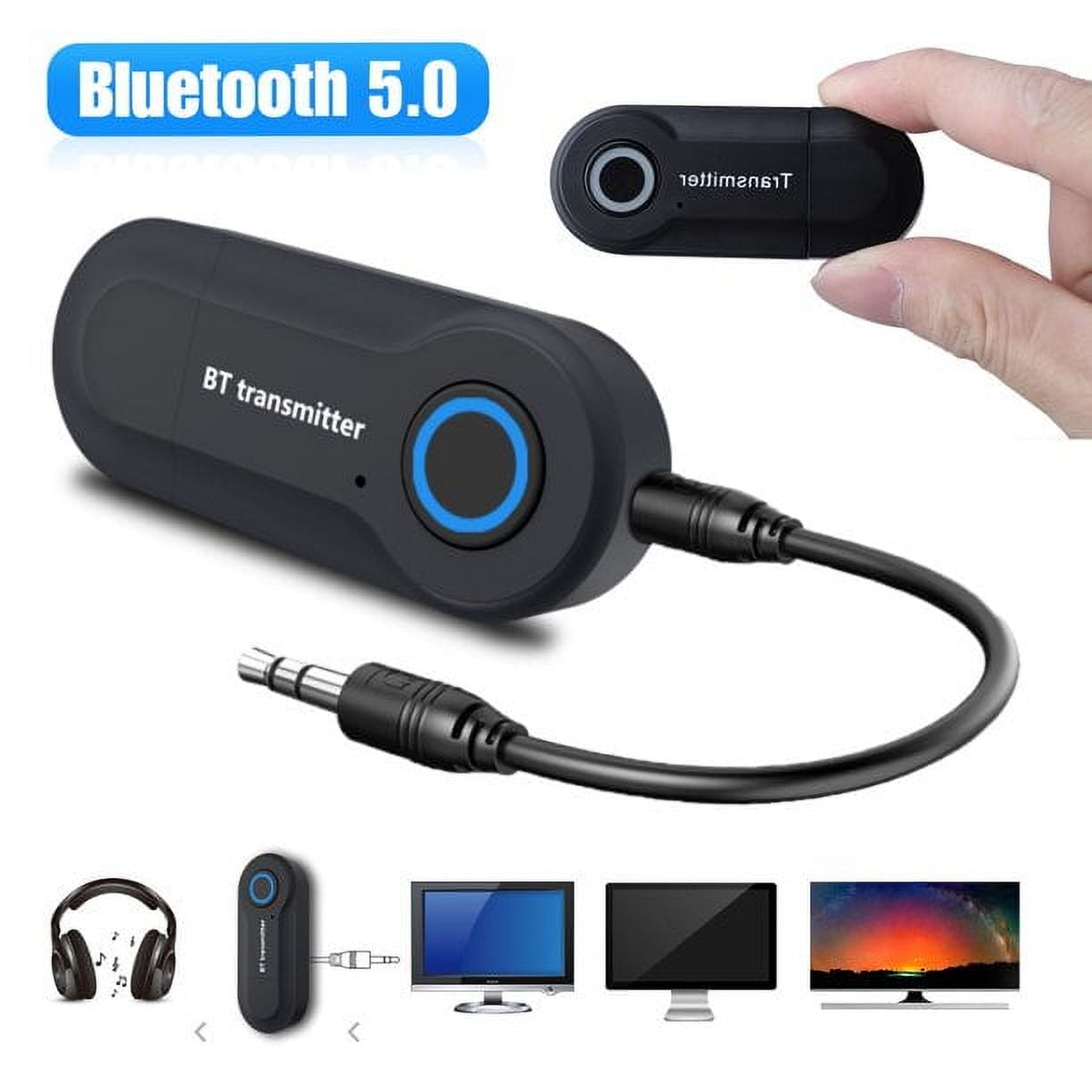 Ein schwarzer Bluetooth 5.0 Sender mit USB-Anschluss und eine Hand, die ein kleines Gerät hält.