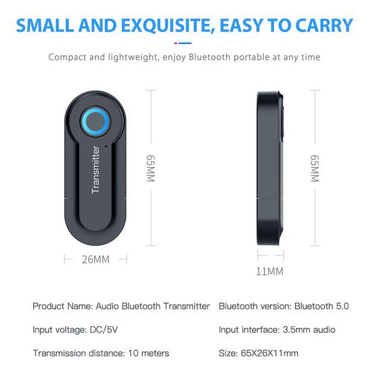 Zwei schwarze Audio-Bluetooth-Sender. Einer mit blauem Kreis und Produktinformationen. Abmessungen angegeben.