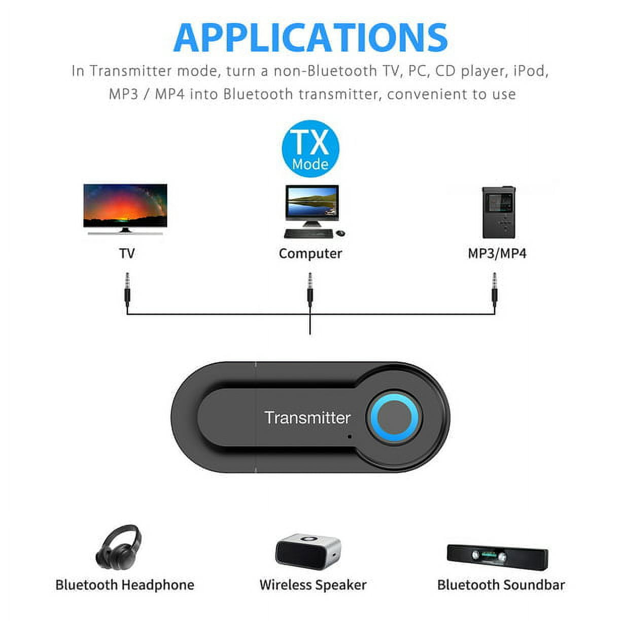 Verschiedene Geräte, die mit einem schwarzen Sender verbunden sind, um seine Verwendung im Bluetooth-Modus zu veranschaulichen.