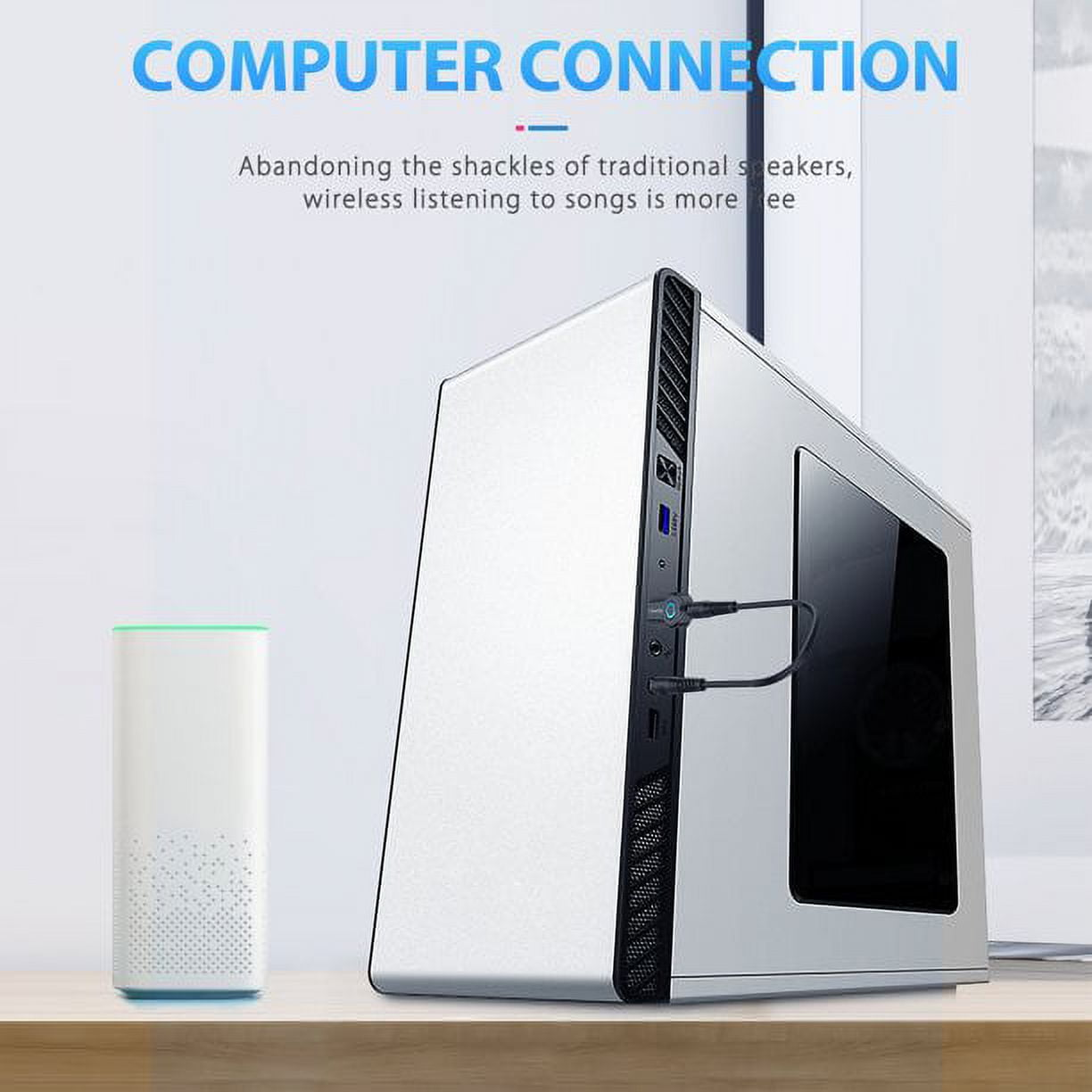 Weißer PC mit einem Lautsprecher, Text zur Computerverbindung davor.
