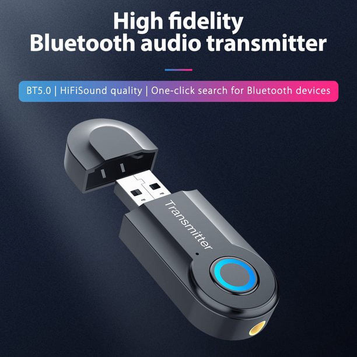 Ein schwarzer Bluetooth-Audio-Sender mit offenem Deckel und blauem Licht.