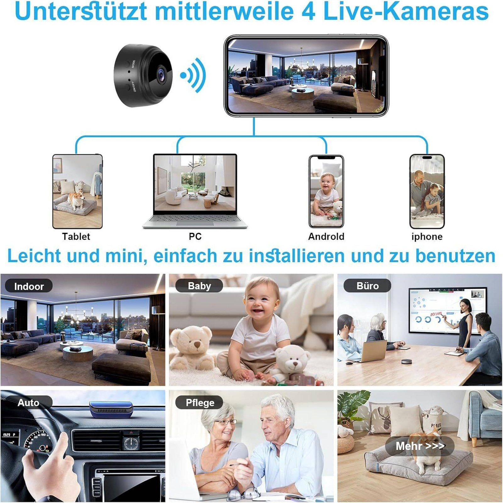 Eine Illustration, die eine Heimsicherheitskamera mit verschiedenen Anwendungen zeigt, einschließlich Innen- und Außenbereich.