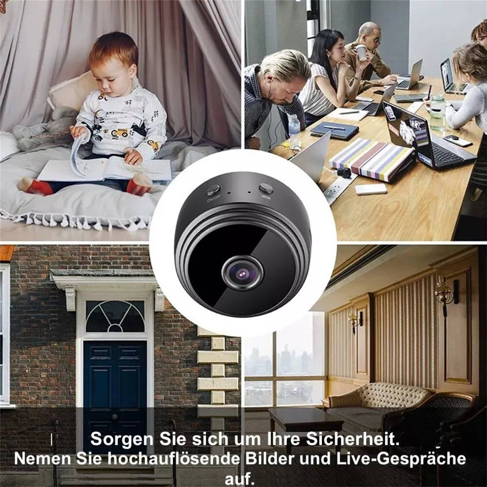 Eine Collage: Kind, Personen mit Laptops, kleine Kamera, Hausfassade und Innenraum.