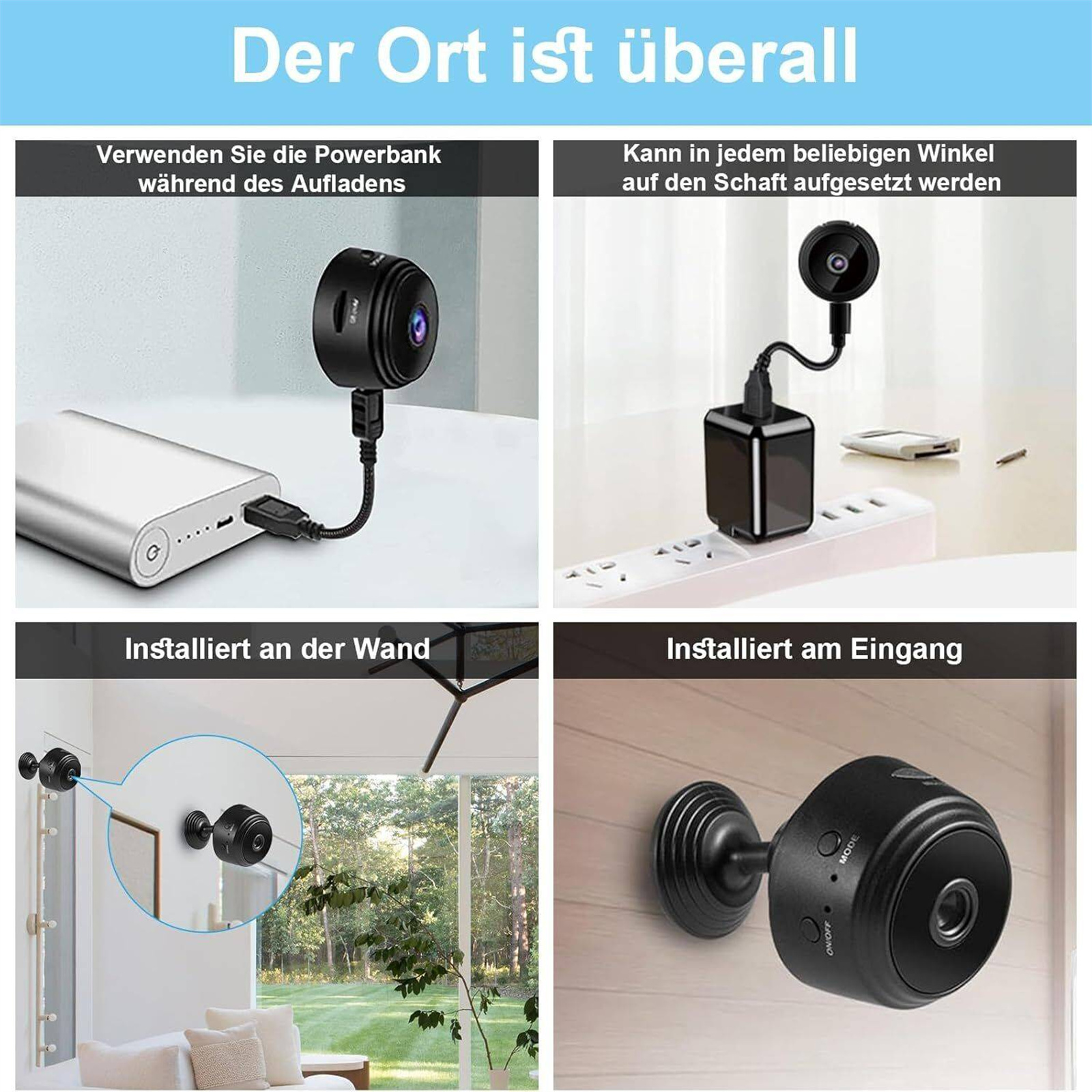 Vier Bilder von kleinen schwarzen Sicherheitskameras in verschiedenen Montagearten.
