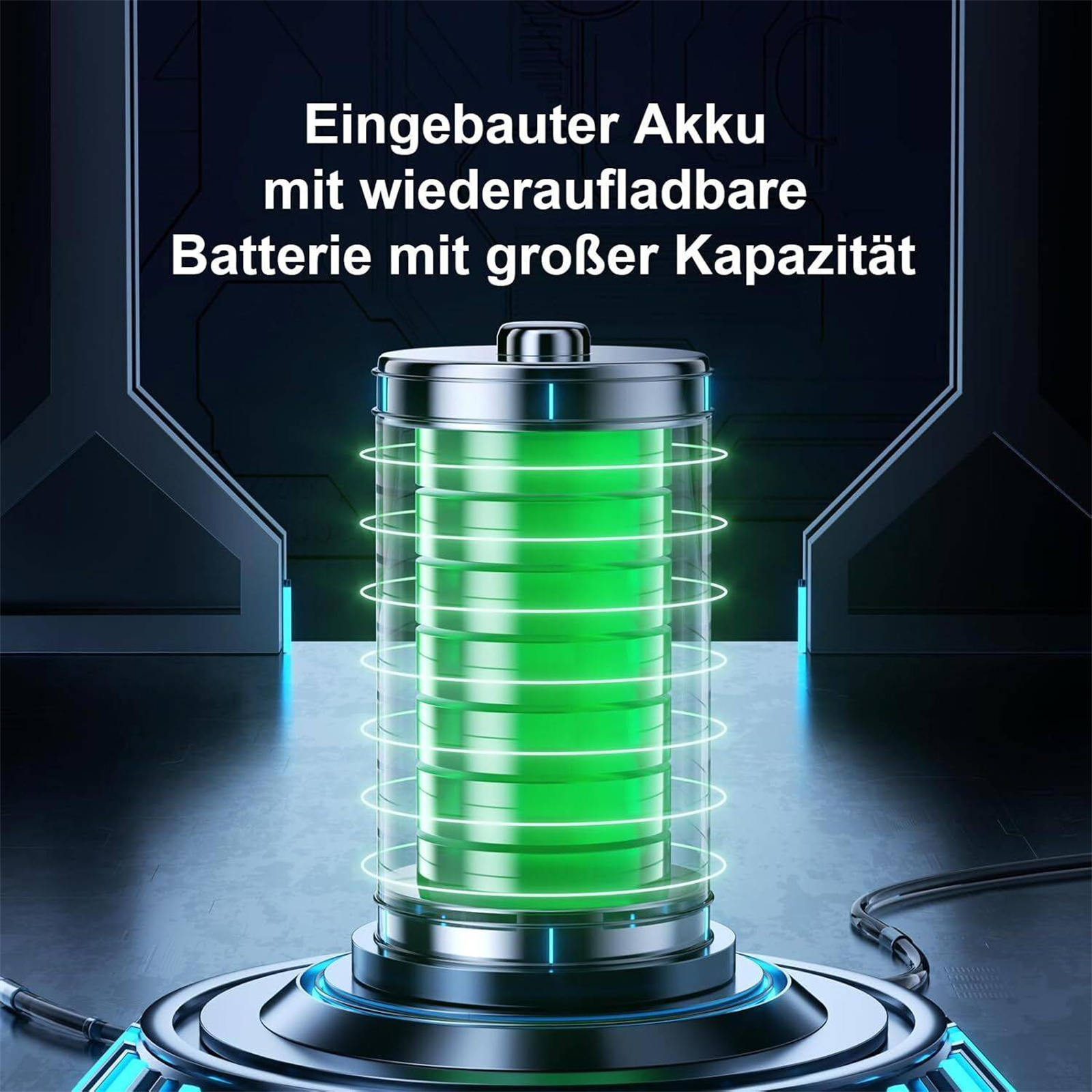 Eine grüne Batterie mit Energiereifen. Text auf Deutsch über eingebaute Batterie mit wiederaufladbarer Kapazität. Dunkler Hintergrund.