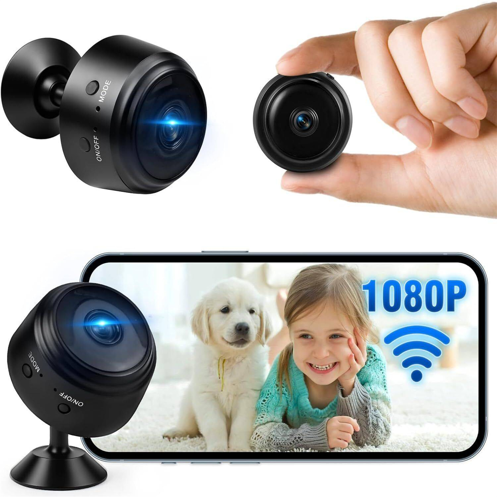 Kleine schwarze Überwachungskameras, eine in der Hand gehalten, mit einem Telefon, das eine Familie zeigt.