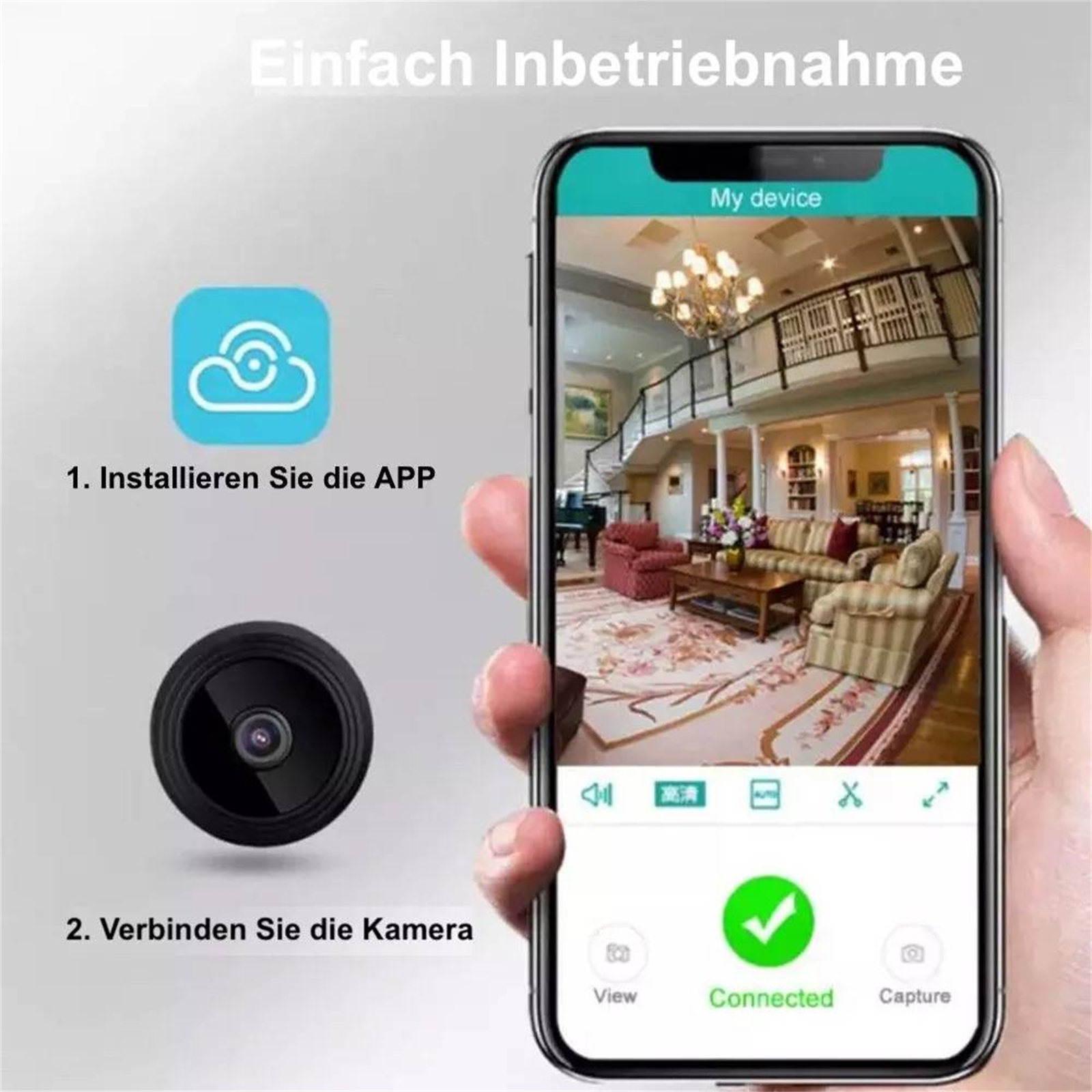 Eine kleine schwarze Kamera und ein Telefon, das eine verbundene Ansicht eines Raumes zeigt. Anweisungen.
