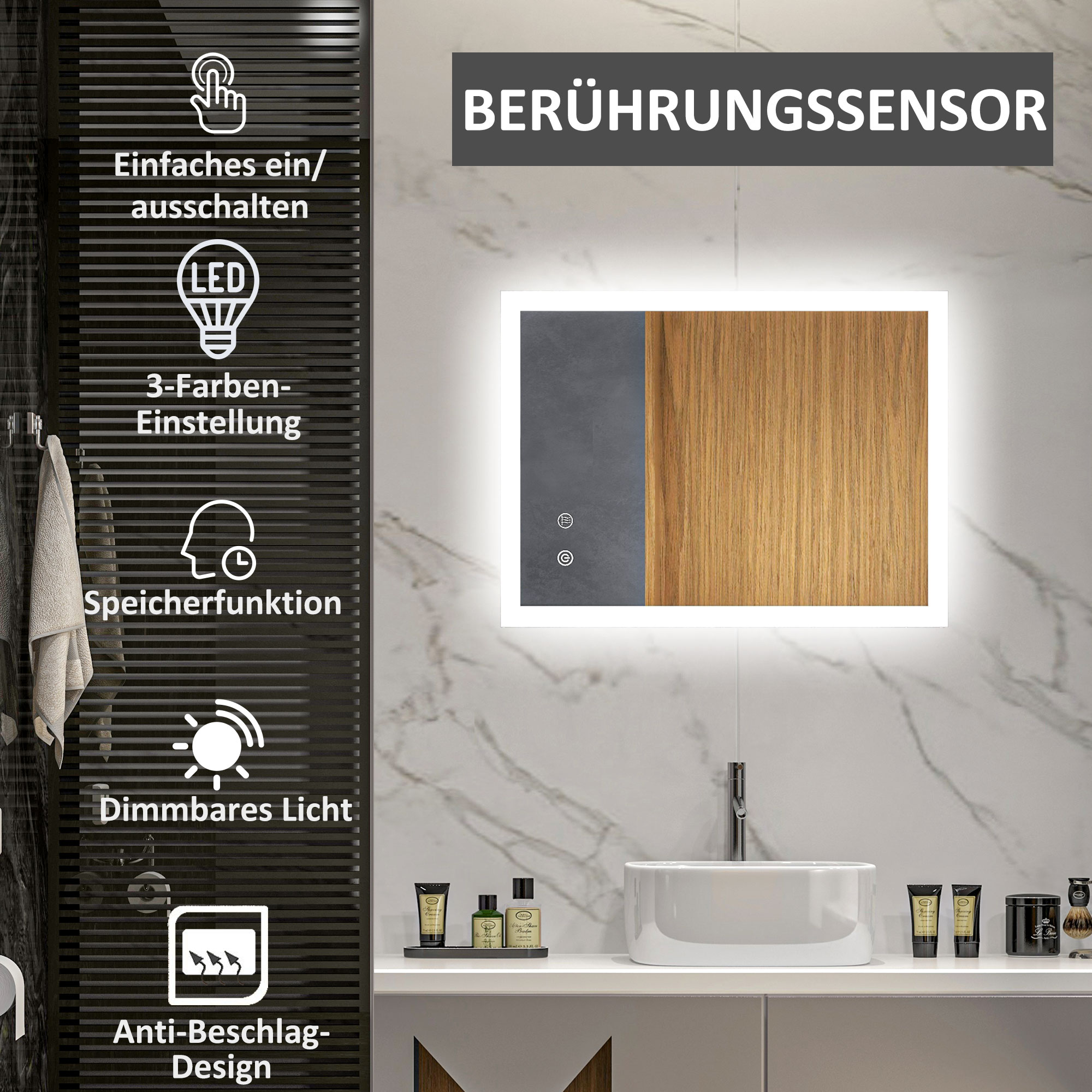 Ein beleuchteter Spiegel mit aufgelisteten Funktionen. Ein Waschbecken und Toilettenartikel darunter.