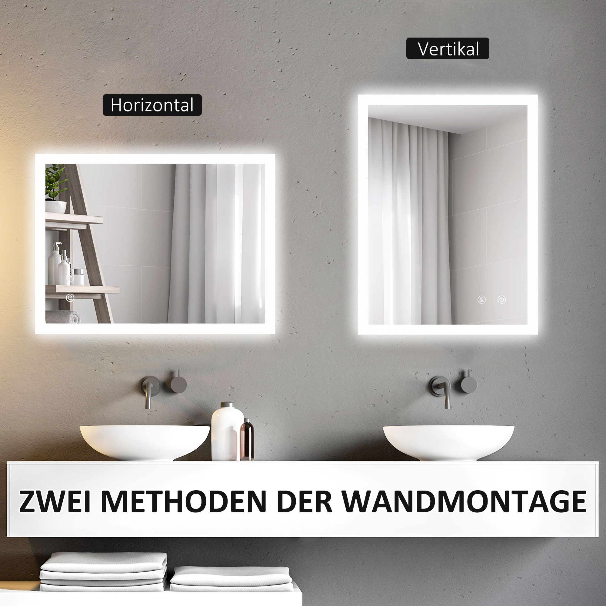 Zwei beleuchtete Spiegel, einer horizontal, einer vertikal, über zwei Waschbecken.