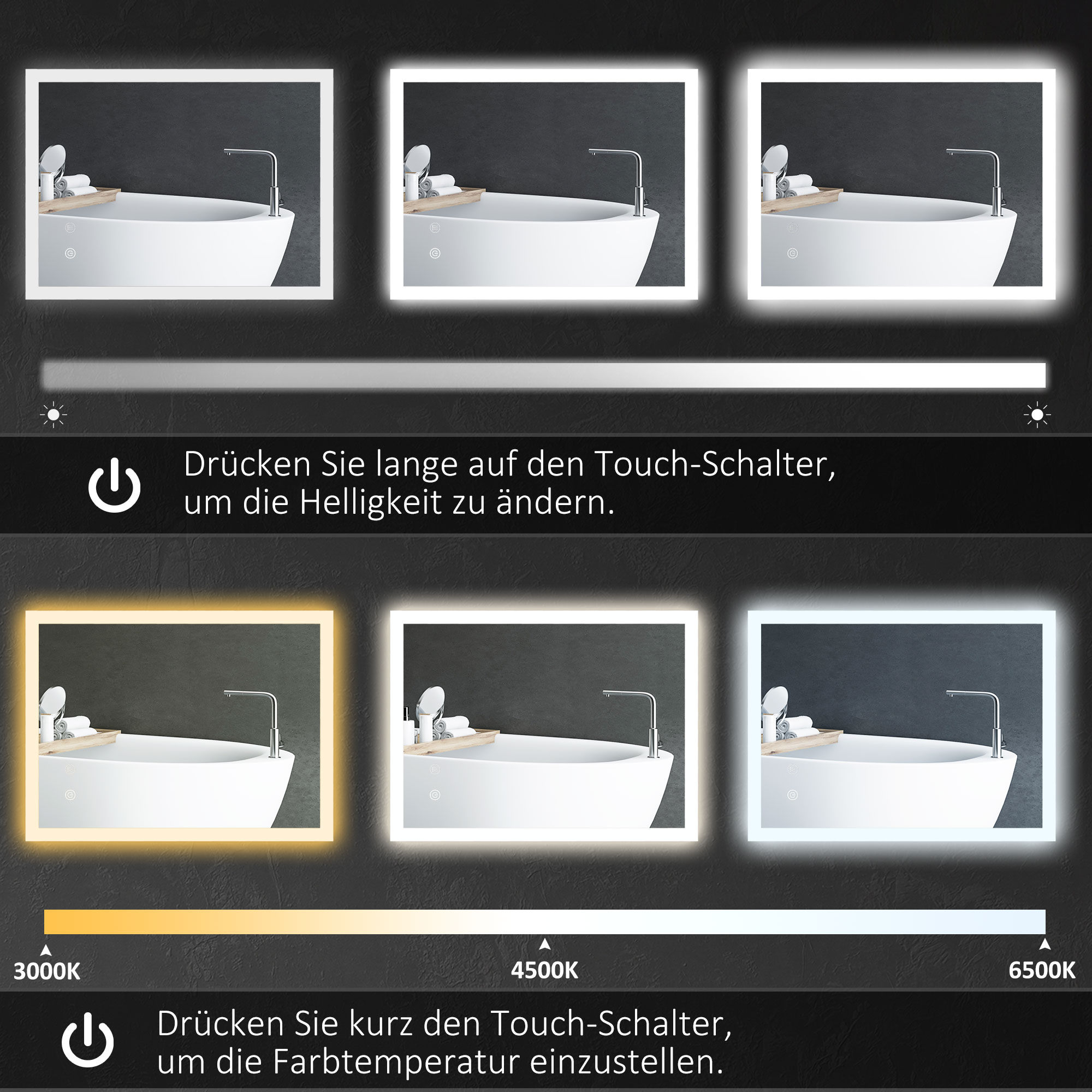Badezimmerspiegel mit 3 Lichteinstellungen und einem Helligkeitsregler.