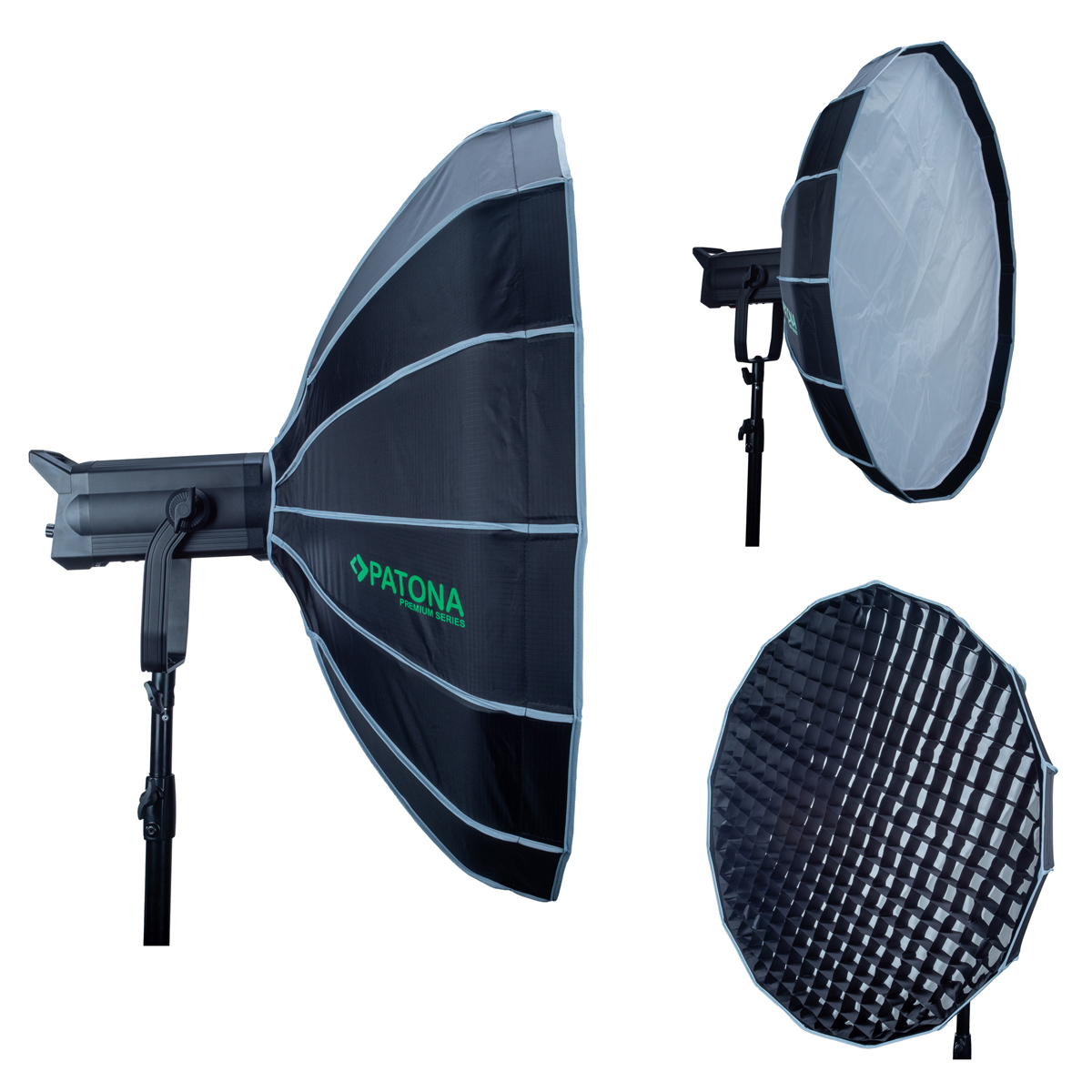 Studioausrüstung bestehend aus Blitz, Softbox und Wabengitter.