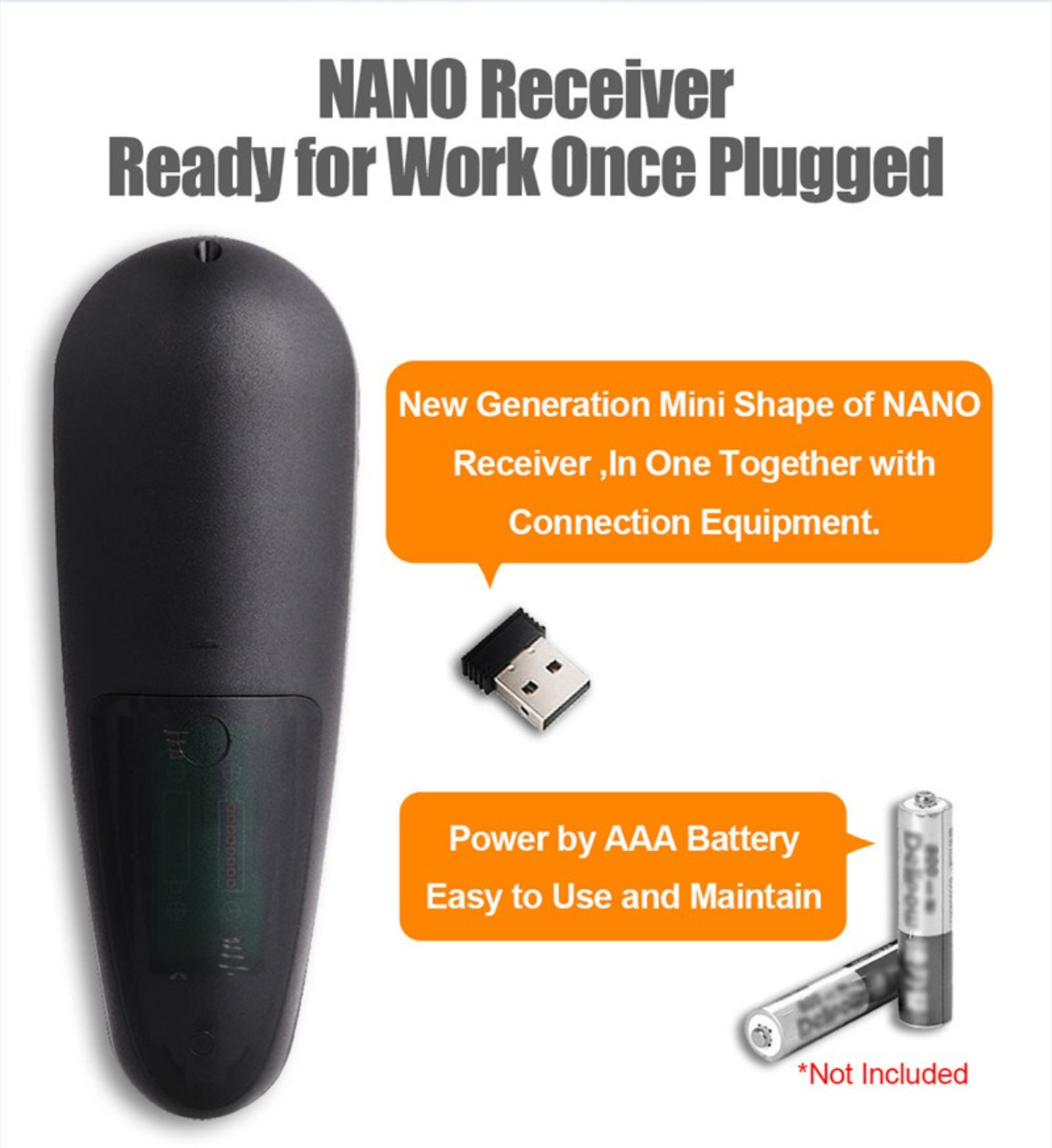 Schwarzer Nano-Empfänger mit USB-Anschluss und AAA-Batterien, mit Text über die Einsatzbereitschaft.