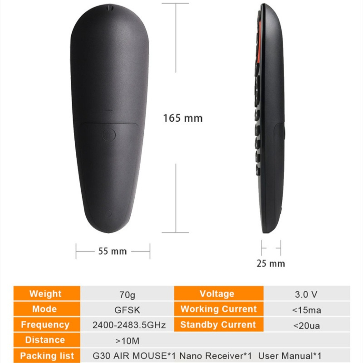 Schwarze Fernbedienung mit Maßangaben. Abmessungen sind 165 mm x 55 mm x 25 mm. Spezifikationen zeigen Gewicht, Modus und Frequenz.