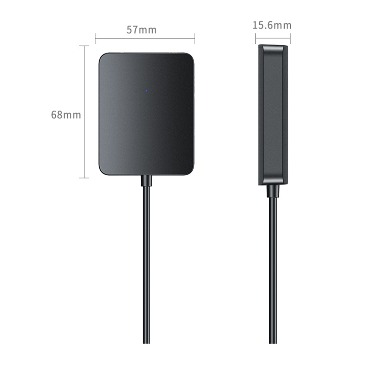 Ein schwarzes Rechteck mit Abmessungen und einem Kabel.