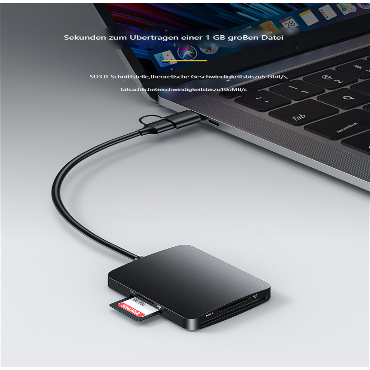 Ein schwarzer Kartenleser, der mit einem Laptop verbunden ist. Enthält eine SD-Karte und Text über die Datenübertragungsgeschwindigkeit.