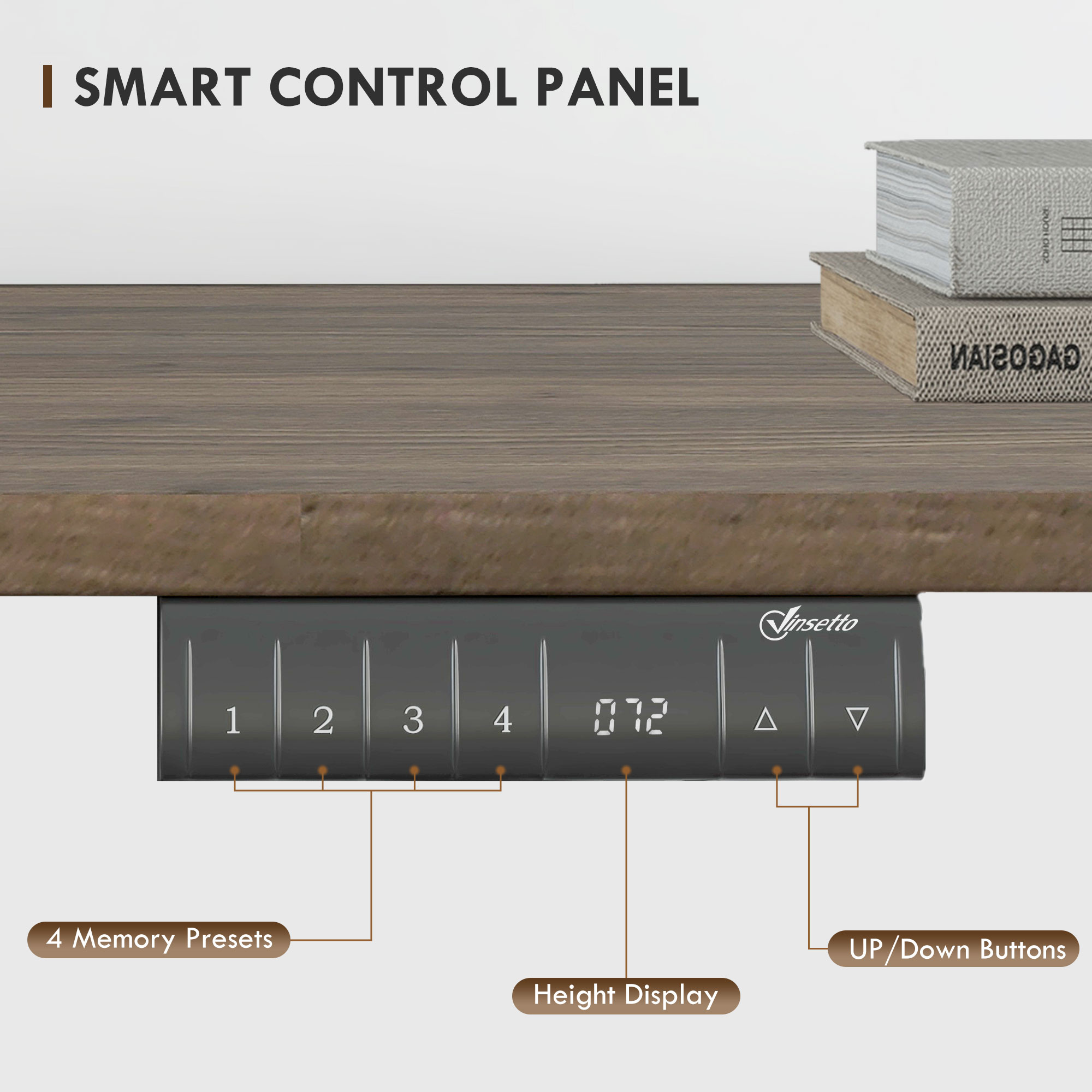 Ein Smart-Bedienfeld mit Tasten und Anzeige zur Höhenverstellung, platziert auf einem Holztisch.