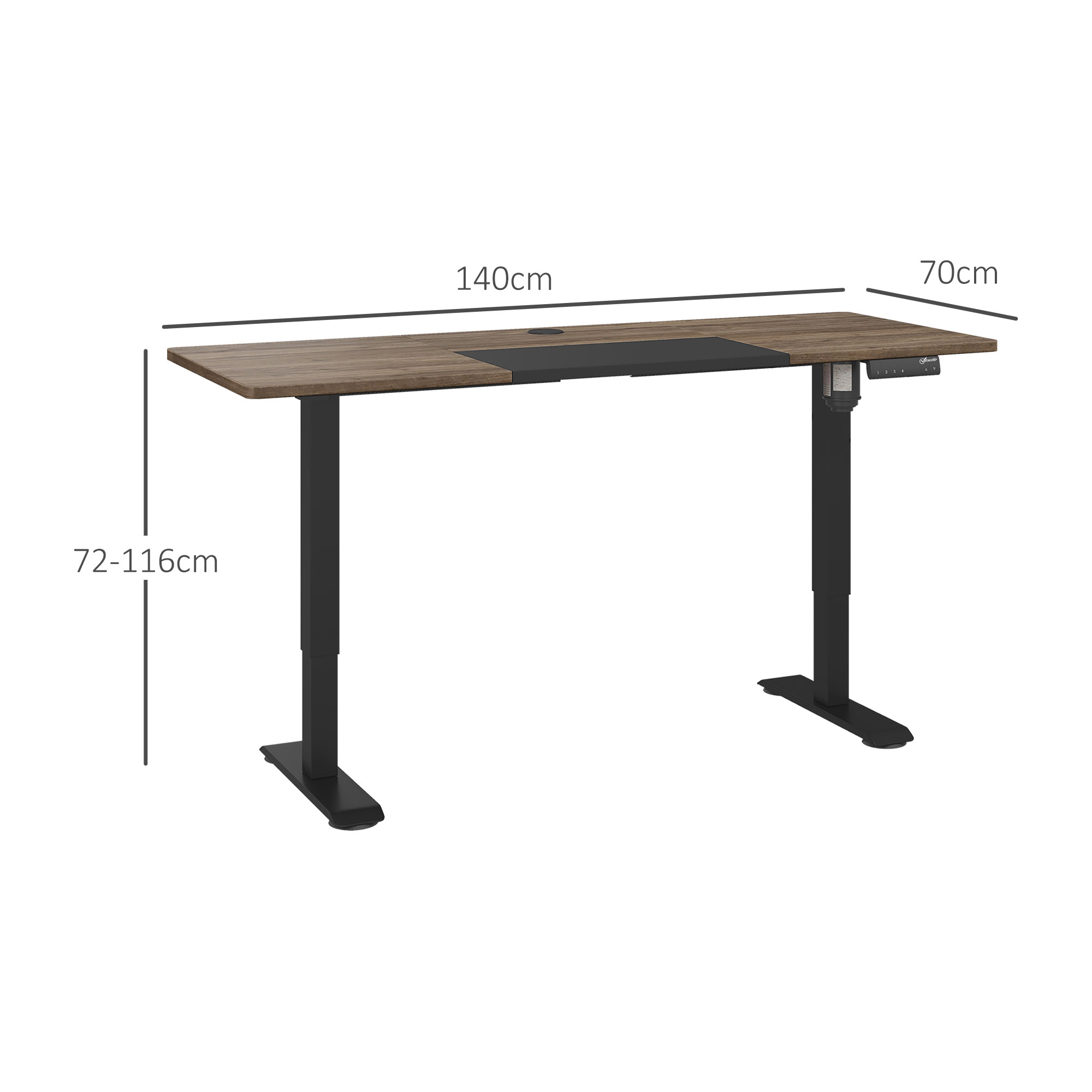 Höhenverstellbarer Schreibtisch, braune Platte, schwarze Beine. Maße: 140cm lang, 70cm breit, 72-116cm hoch.