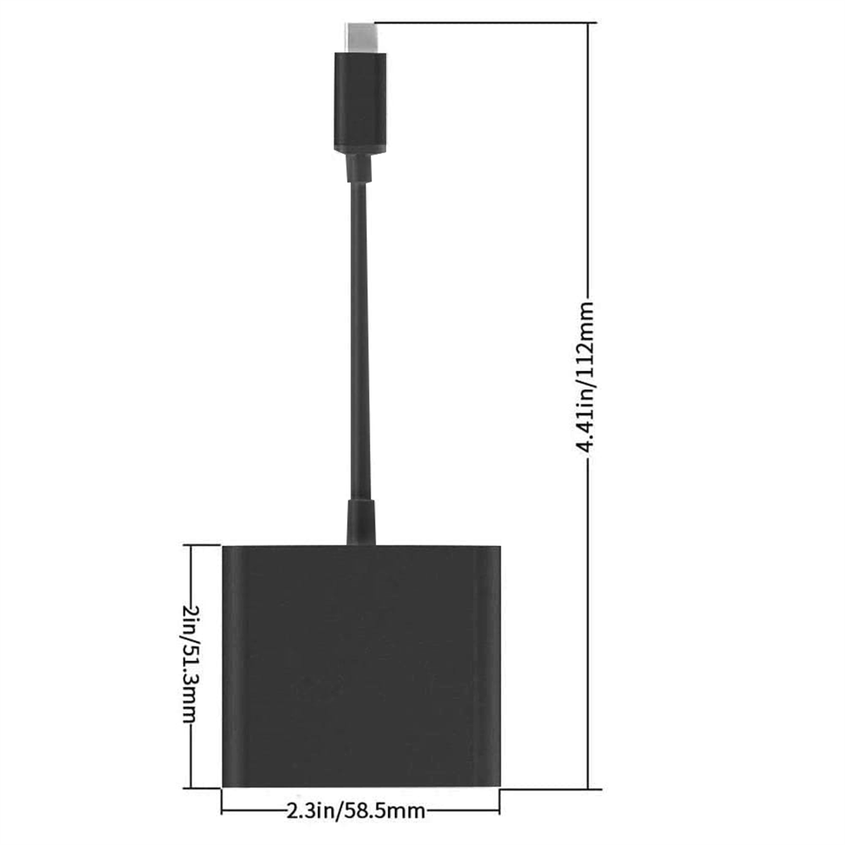 Schwarzer HDMI-Adapter mit beschrifteten Abmessungen.