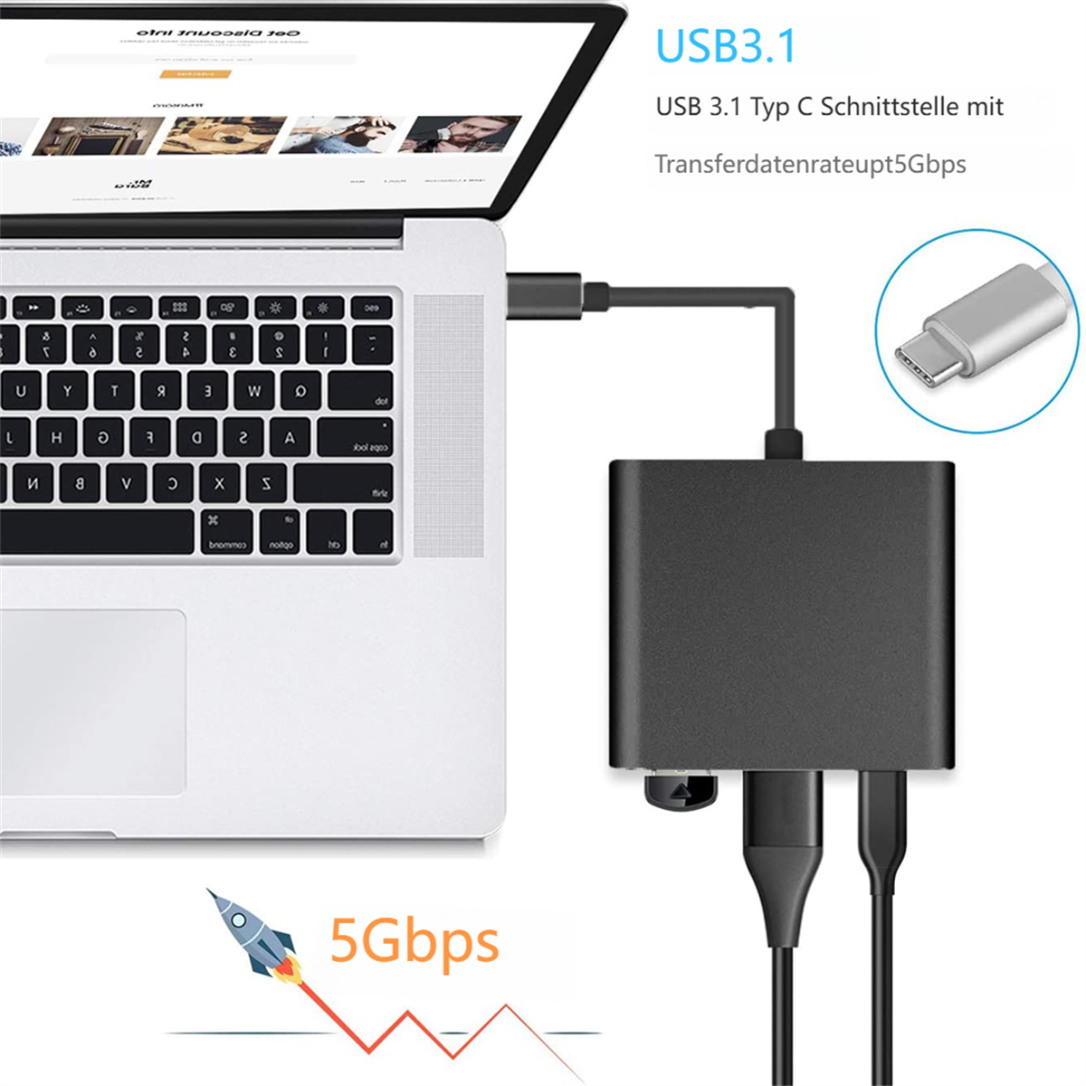 Laptop, der mit einem USB-Hub mit mehreren Anschlüssen verbunden ist. Kabel sind mit dem Hub verbunden. 5 Gbit/s Text.