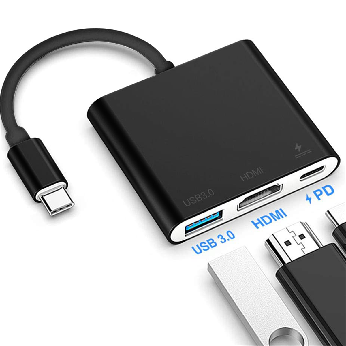 Ein schwarzer USB-C-Adapter mit USB 3.0-, HDMI- und PD-Anschlüssen, mit USB- und HDMI-Anschlüssen.