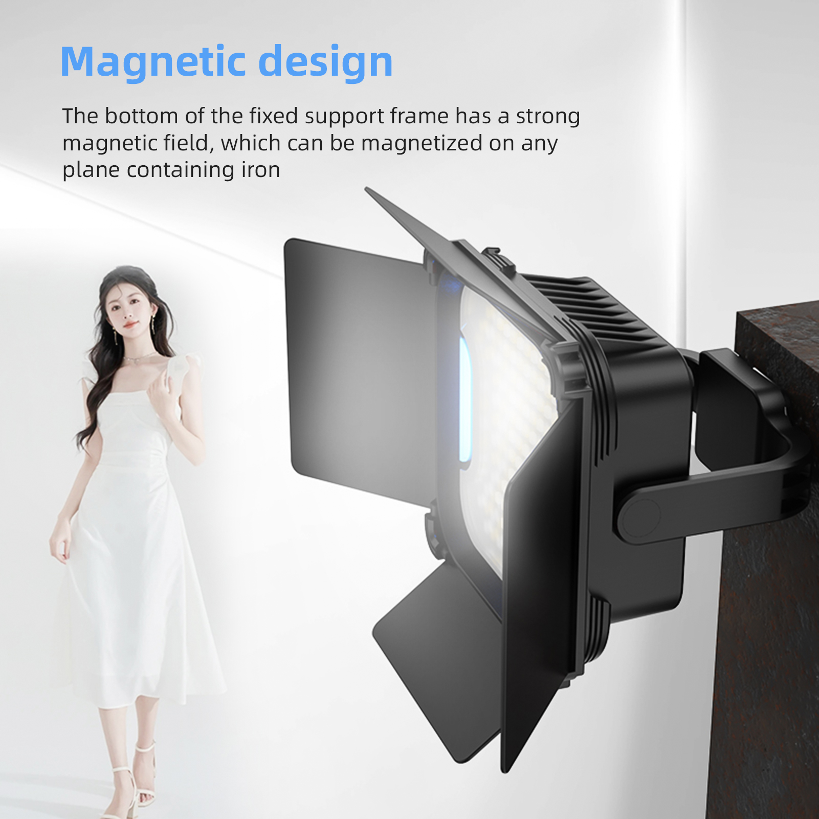 Frau im weißen Kleid neben Studioleuchte mit magnetischem Design.