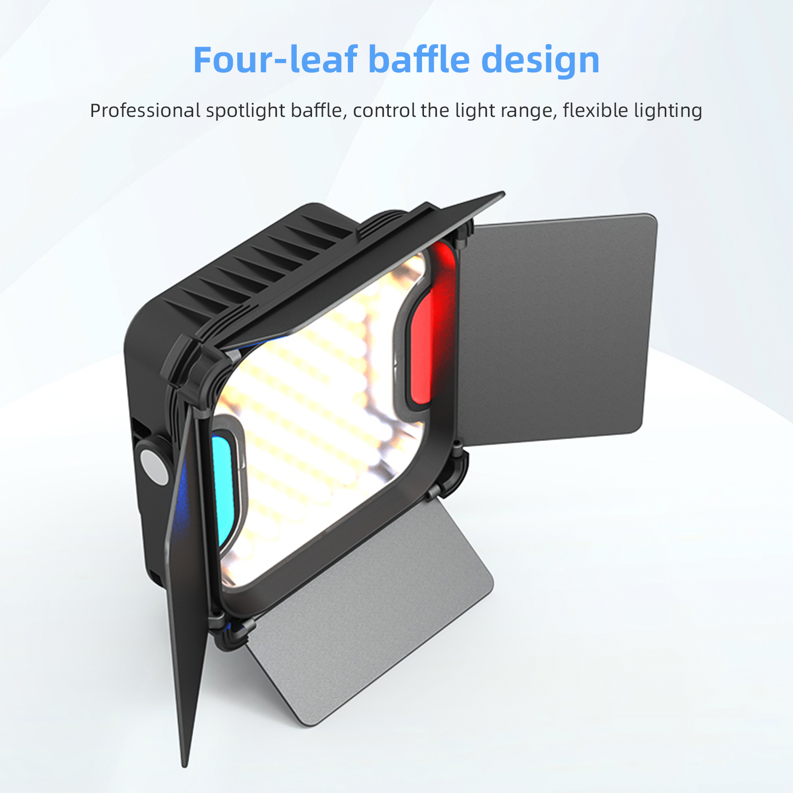 Schwarzes LED-Licht mit verstellbaren Paneelen und bunten Lichtern. Heller Hintergrund.