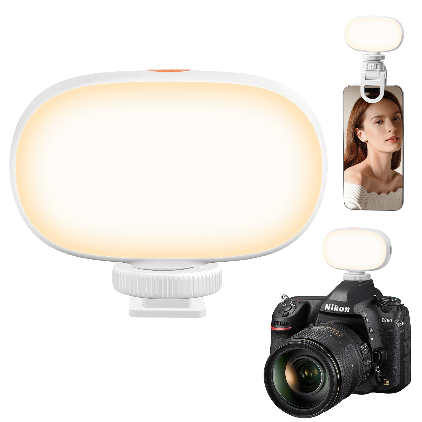 Weißes Licht für Kamera und Telefon. Zeigt Kamera und Telefon mit dem Licht befestigt. Oranger Knopf am Licht.