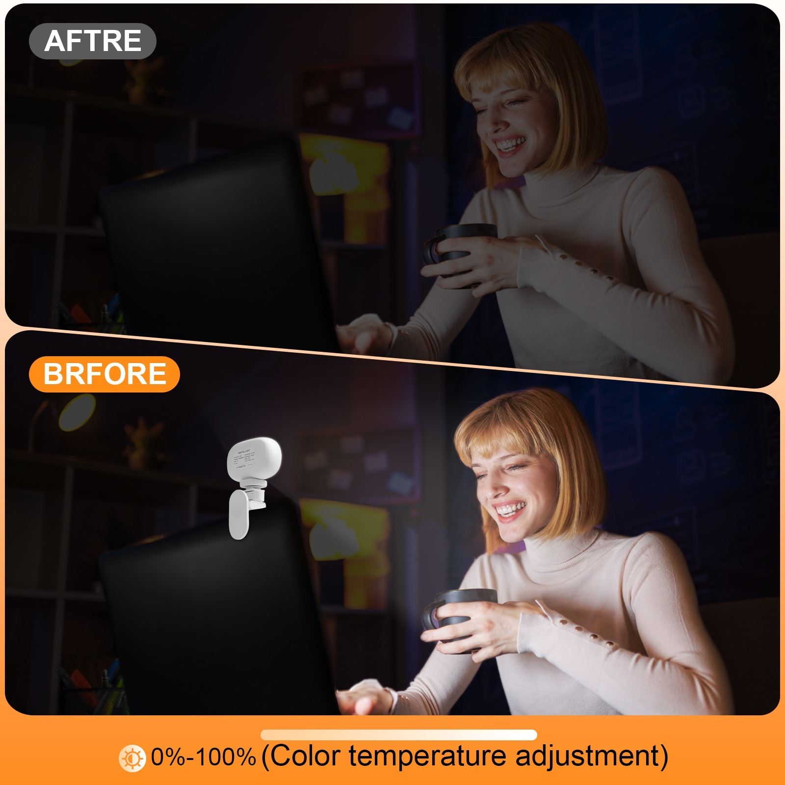 Eine Frau vor und nach der Verwendung einer Webcam-Leuchte, die an einem Laptop sitzt.
