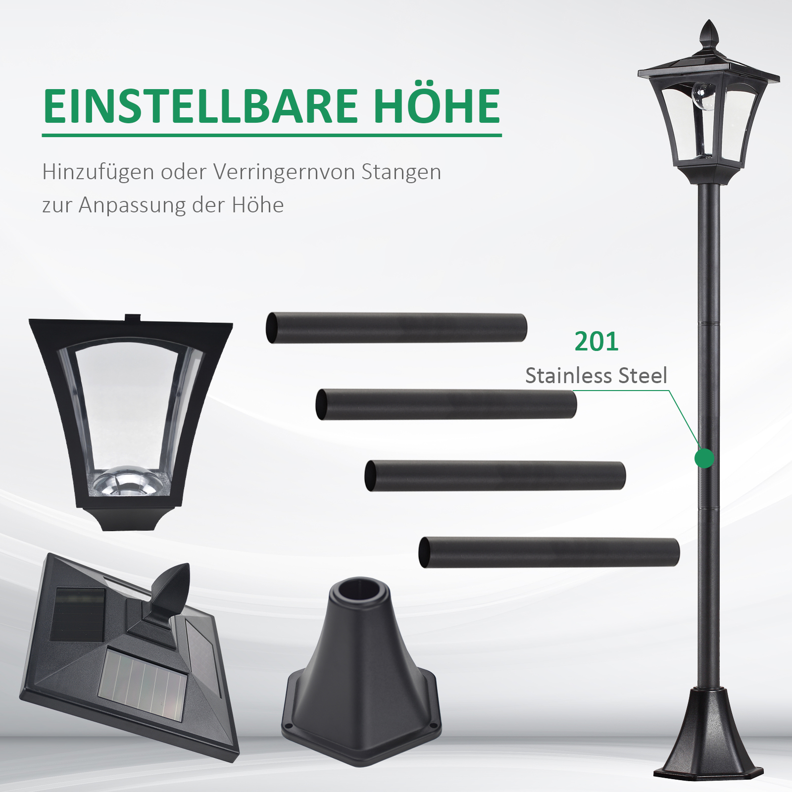 Komponenten einer schwarzen Außenlampe, einschließlich Kopf, Sockel und Verlängerungsrohren, auf grünem Hintergrund.