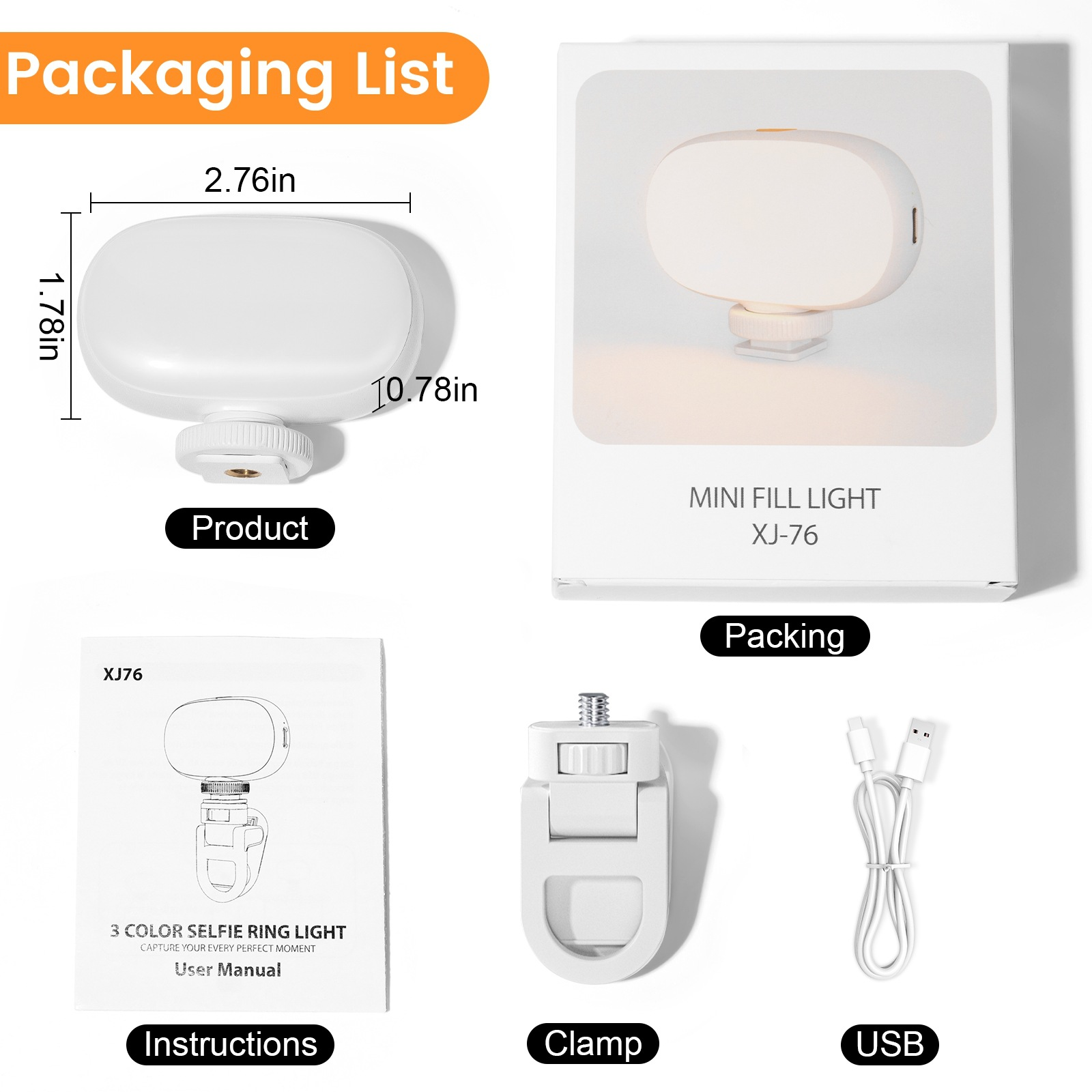 Verpackungsliste zeigt Mini-Fülllicht, Verpackungskarton, Benutzerhandbuch, Klemme und USB-Kabel. Produktabmessungen werden angezeigt.