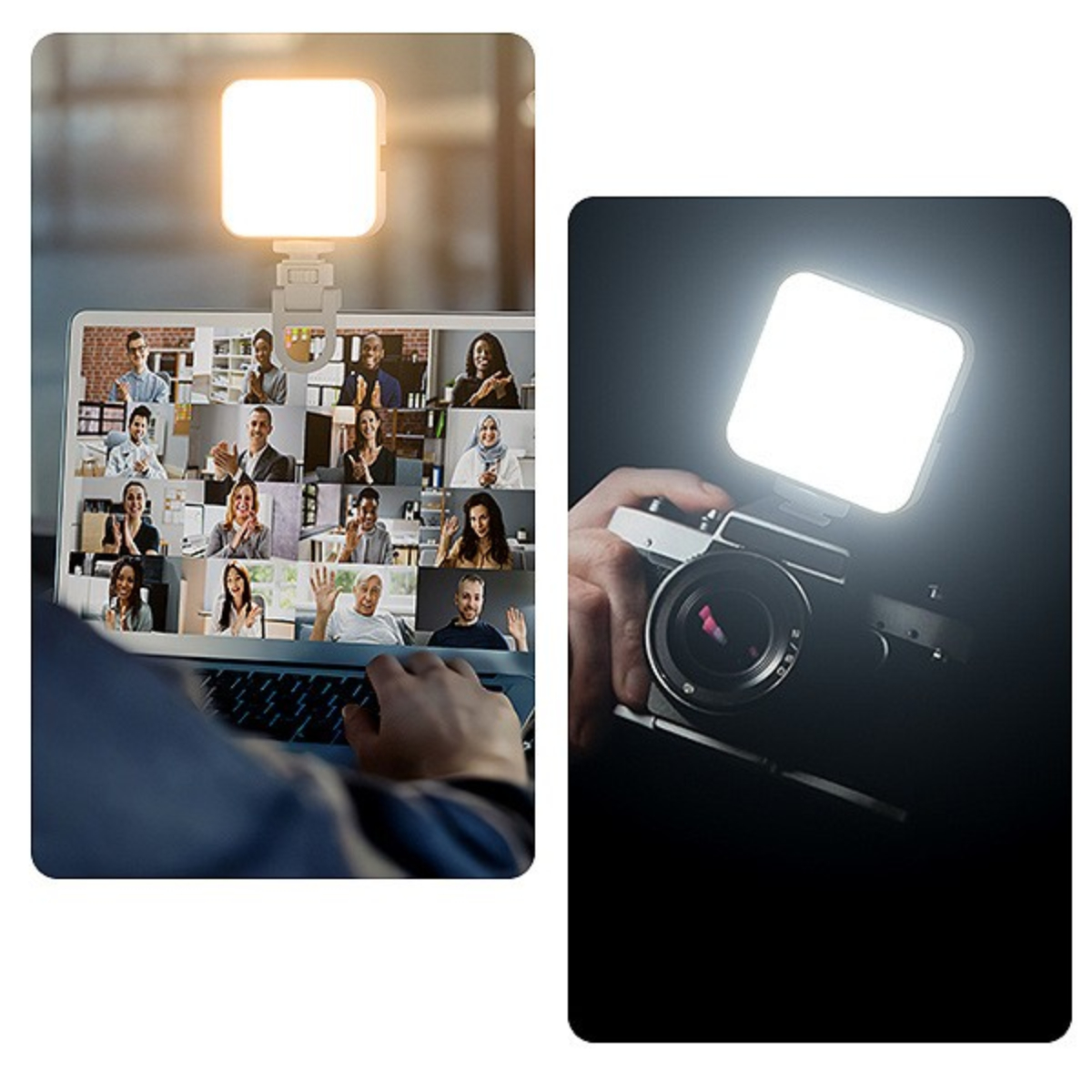 Zwei Bilder: ein Laptop mit Personen in einem Videoanruf und ein kleines Licht auf einer Kamera.