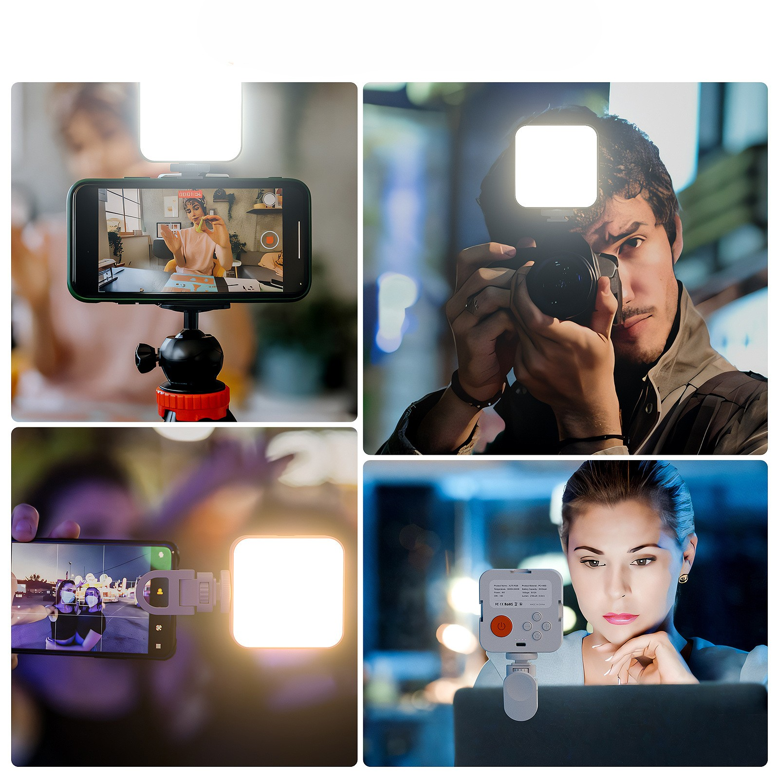 Vier Bilder, die zeigen, wie Personen ein quadratisches LED-Licht für Fotografie und Videoaufnahmen verwenden.