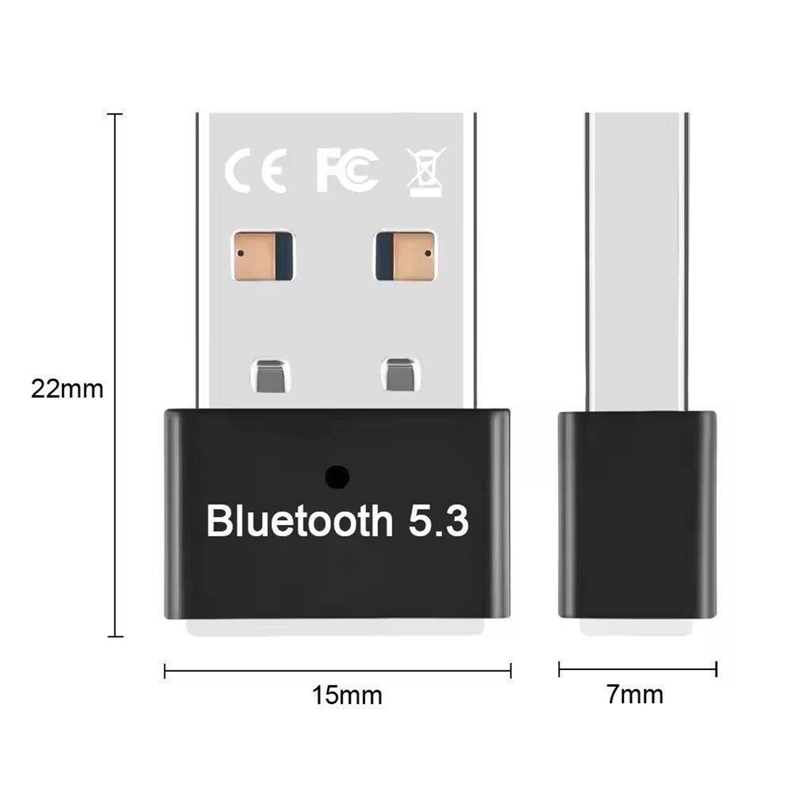 Schwarzer USB-Adapter mit Bluetooth 5.3-Aufschrift und Abmessungen: 22mm Höhe, 15mm Breite, 7mm Tiefe.