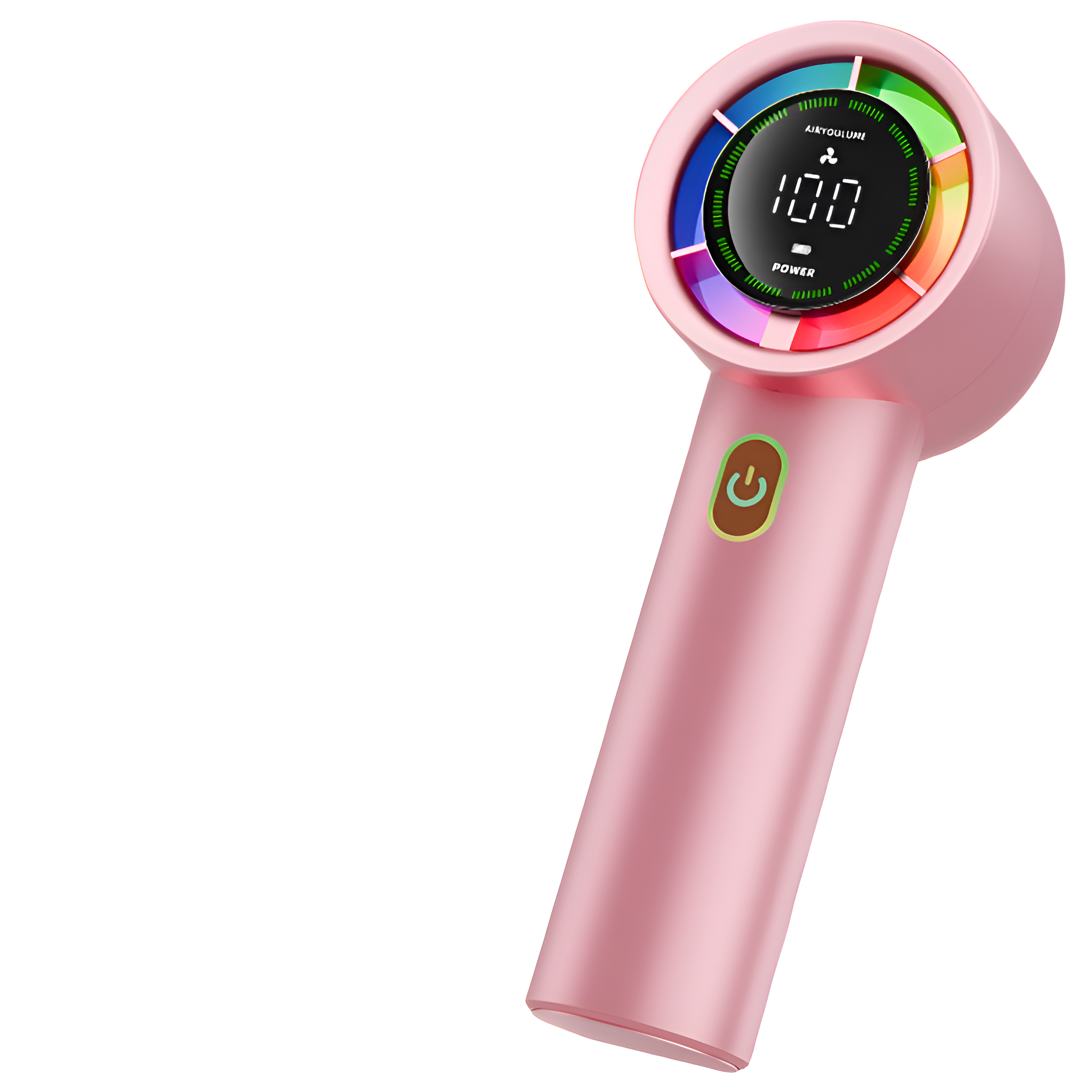 Rosa Haartrockner mit Digitalanzeige und grünem Knopf. Weißer Hintergrund.
